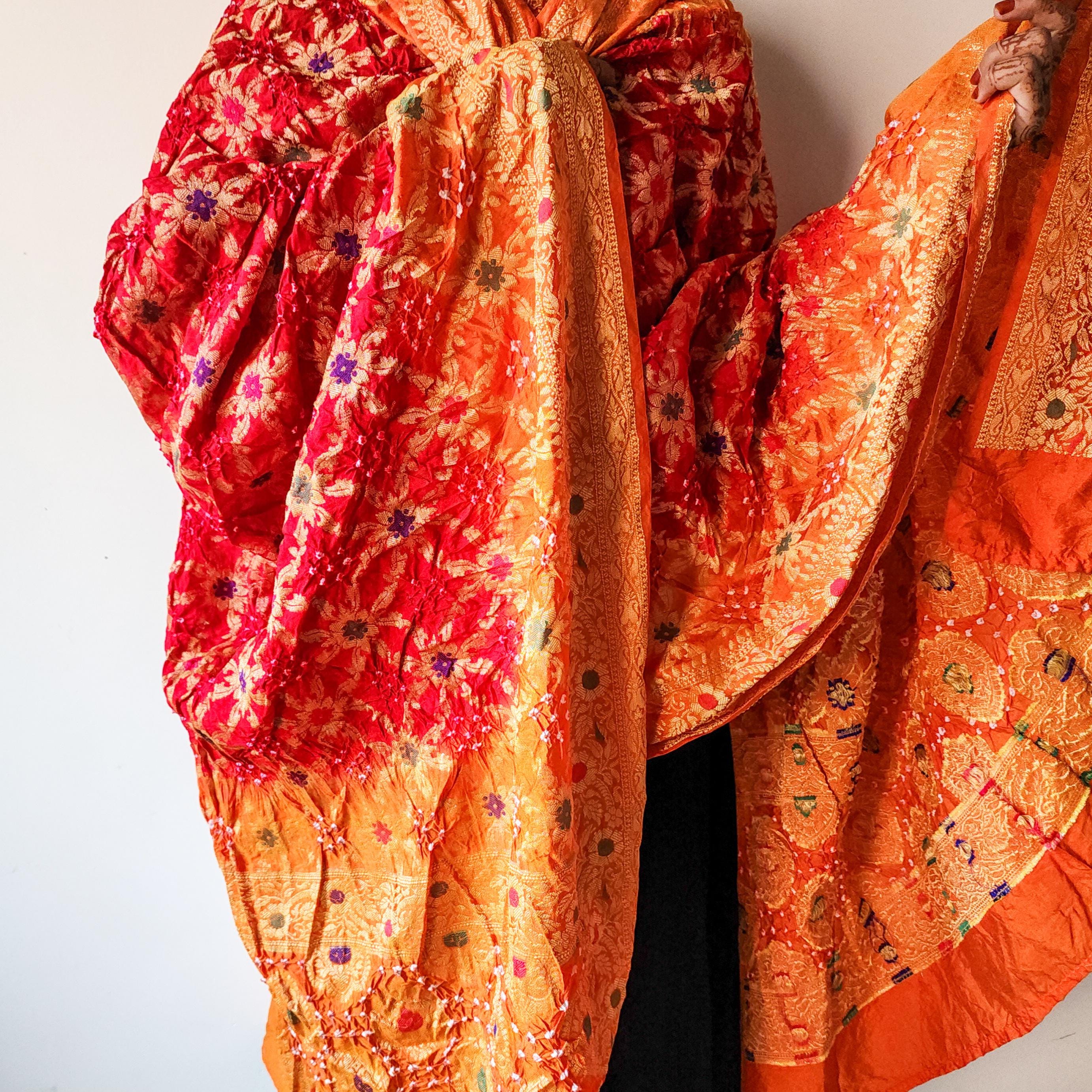 Dual-Tone Maroon-Orange Bandhni Dupatta with Golden Border & Banarasi Meenakari Work