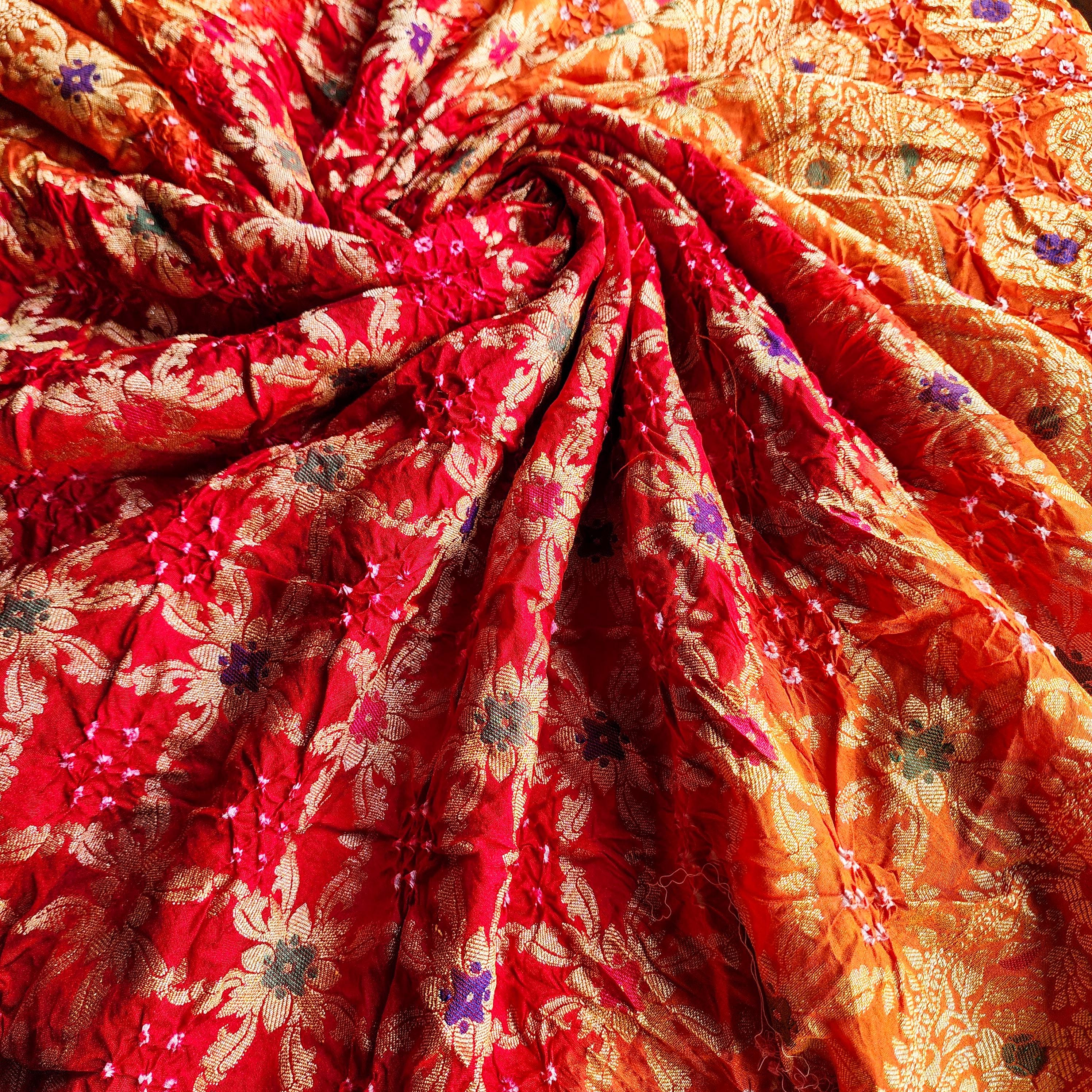 Dual-Tone Maroon-Orange Bandhni Dupatta with Golden Border & Banarasi Meenakari Work