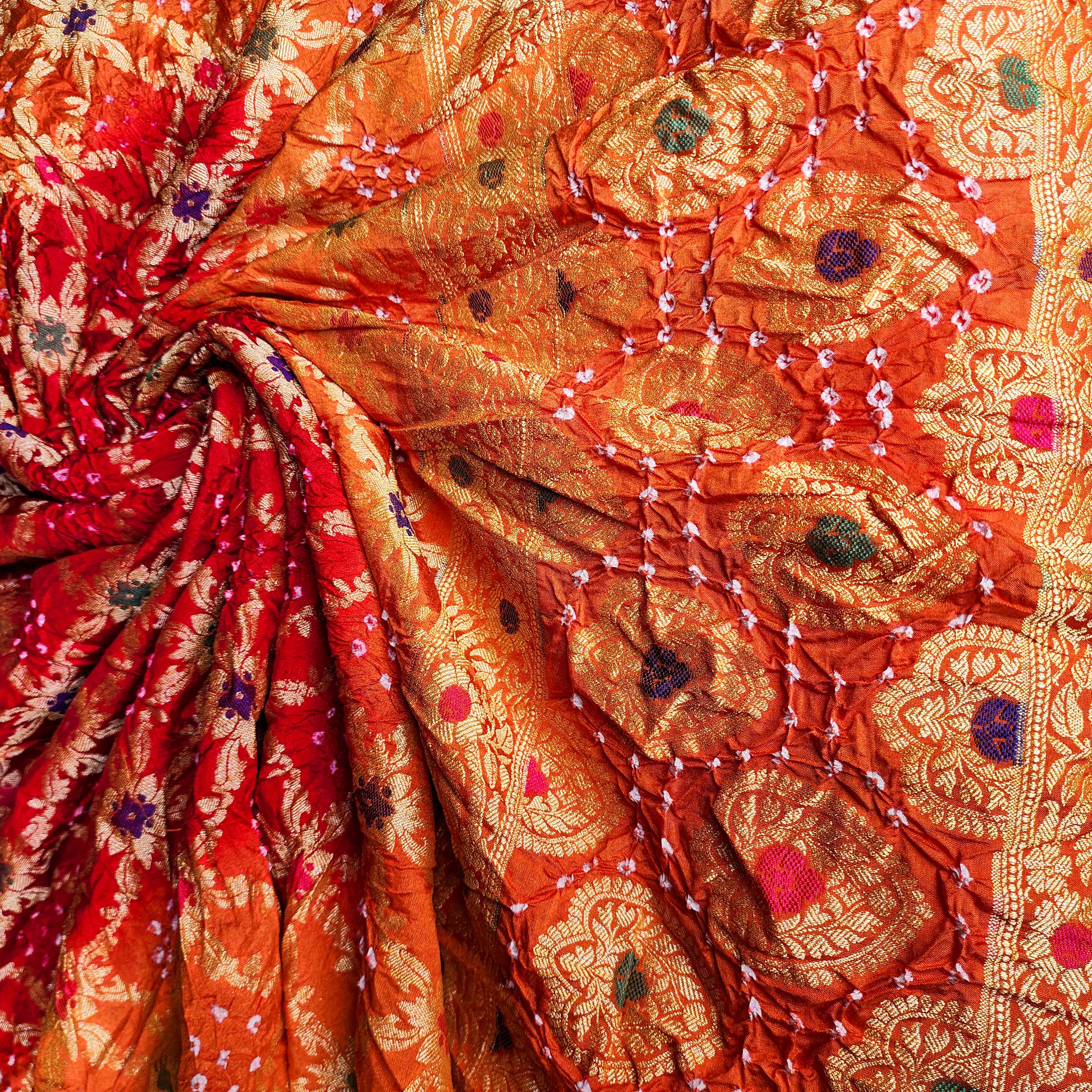 Dual-Tone Maroon-Orange Bandhni Dupatta with Golden Border & Banarasi Meenakari Work