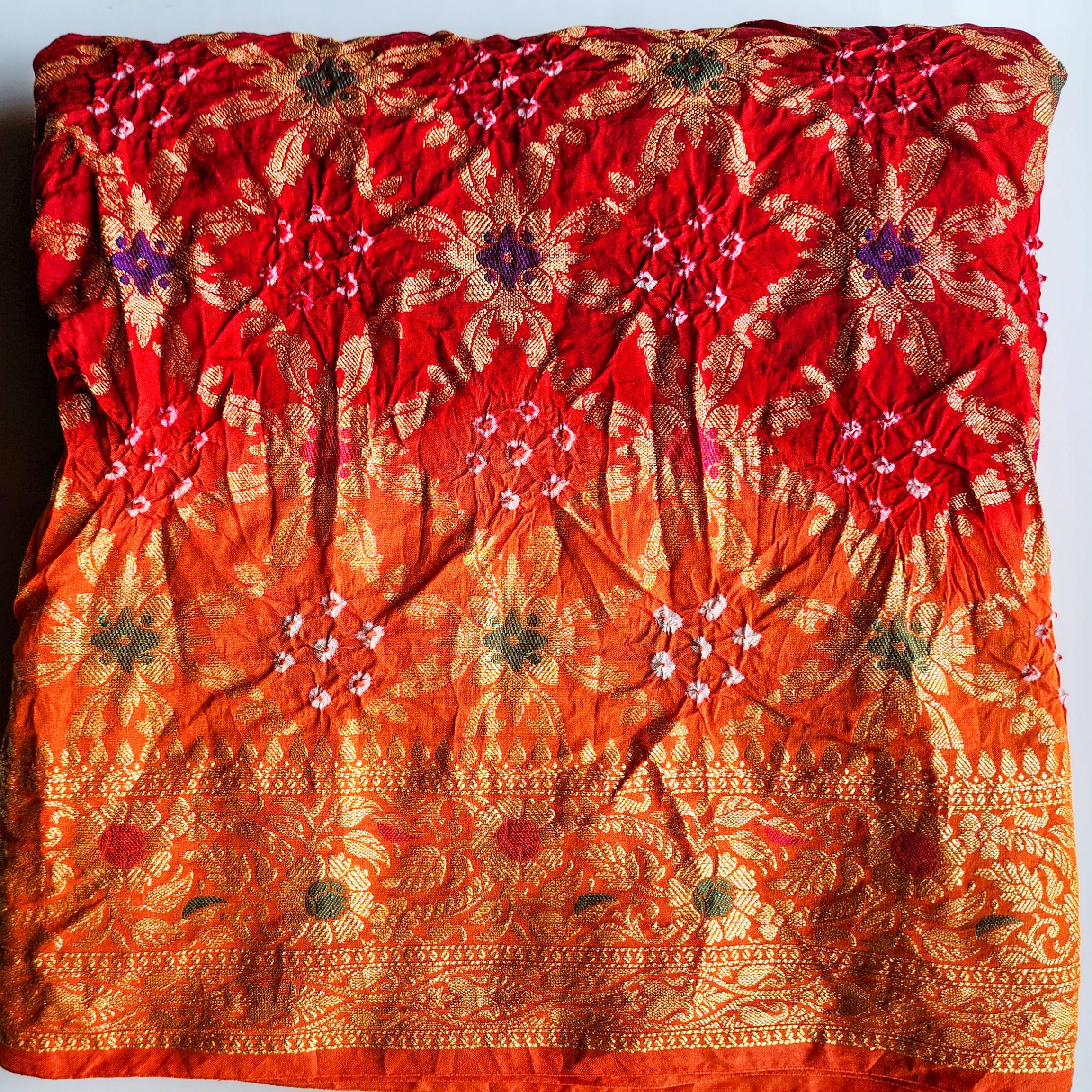 Dual-Tone Maroon-Orange Bandhni Dupatta with Golden Border & Banarasi Meenakari Work