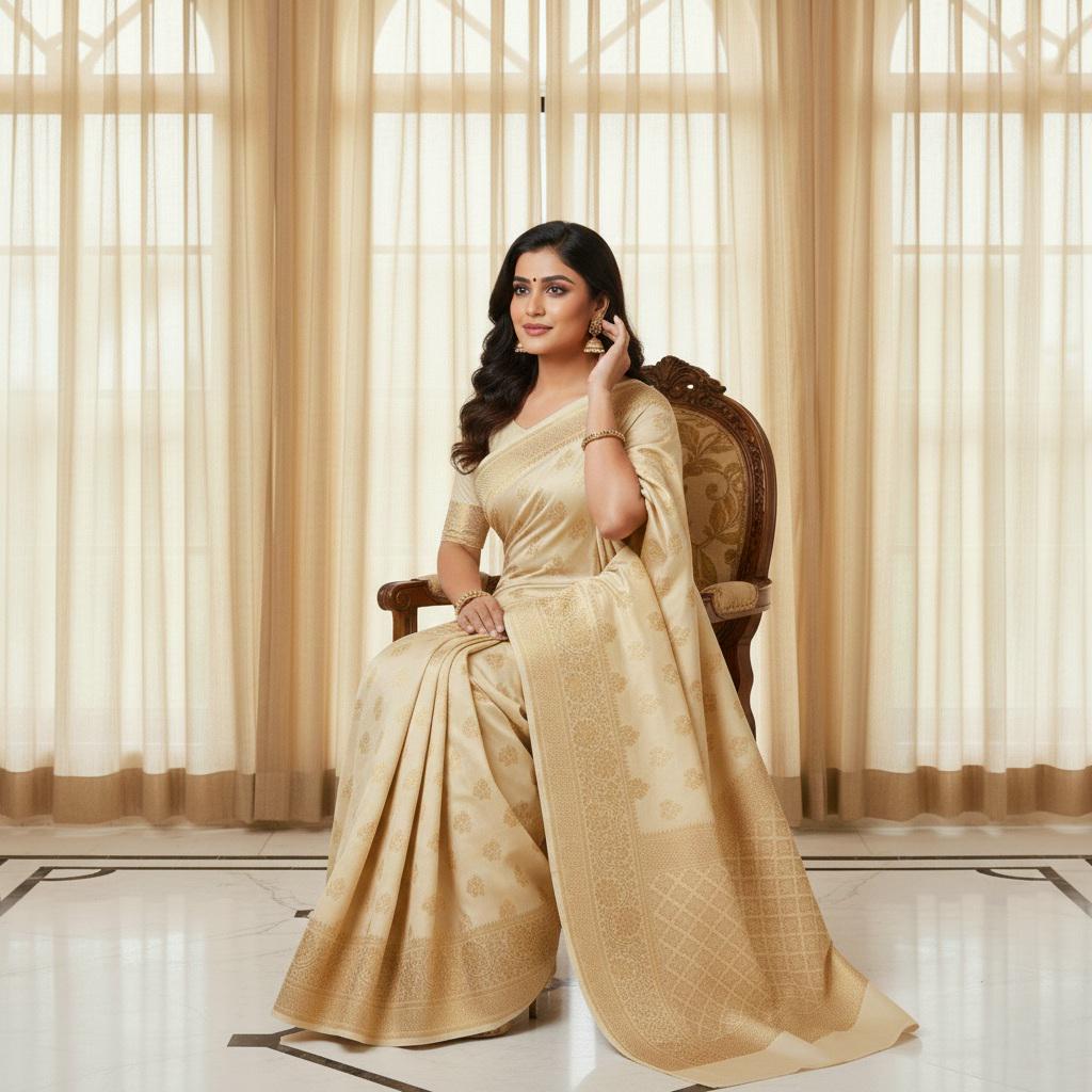 Rich Sand Beige Banarasi Silk Saree with Gold Zari Weaving