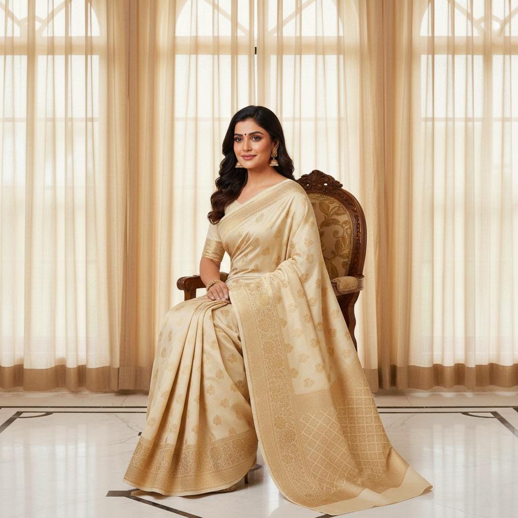 Rich Sand Beige Banarasi Silk Saree with Gold Zari Weaving
