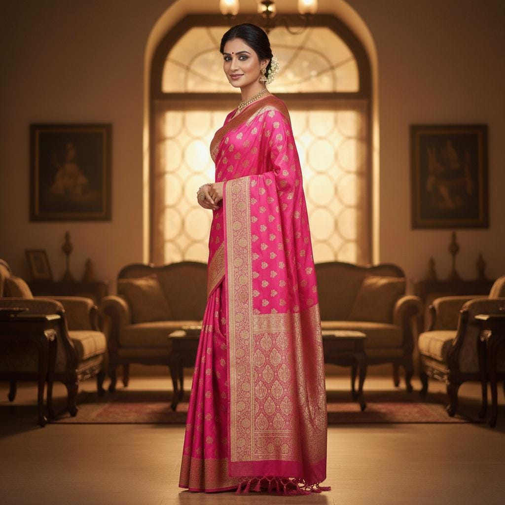 Rich Rani Pink Banarasi Silk Saree with Gold Zari Weaving
