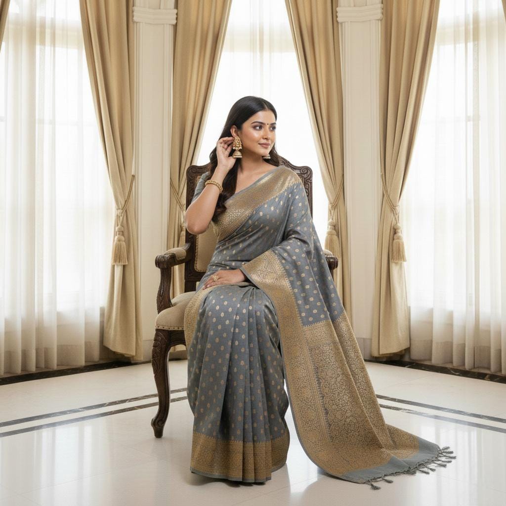 Rich Silver Blue Banarasi Silk Saree with Gold Zari Weaving