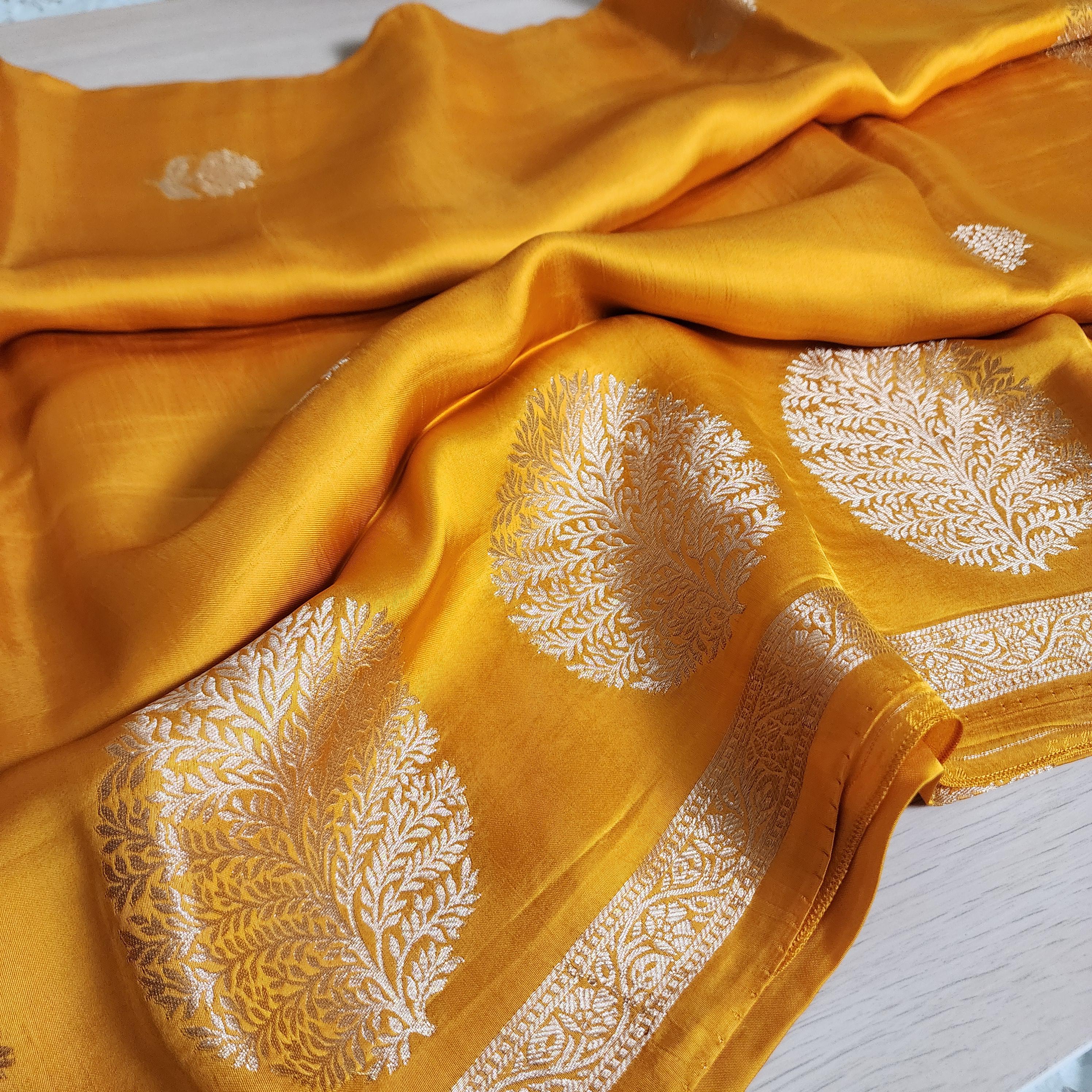 Banarasi Crape Georgette Saree in elegant yellow & light gold Zari