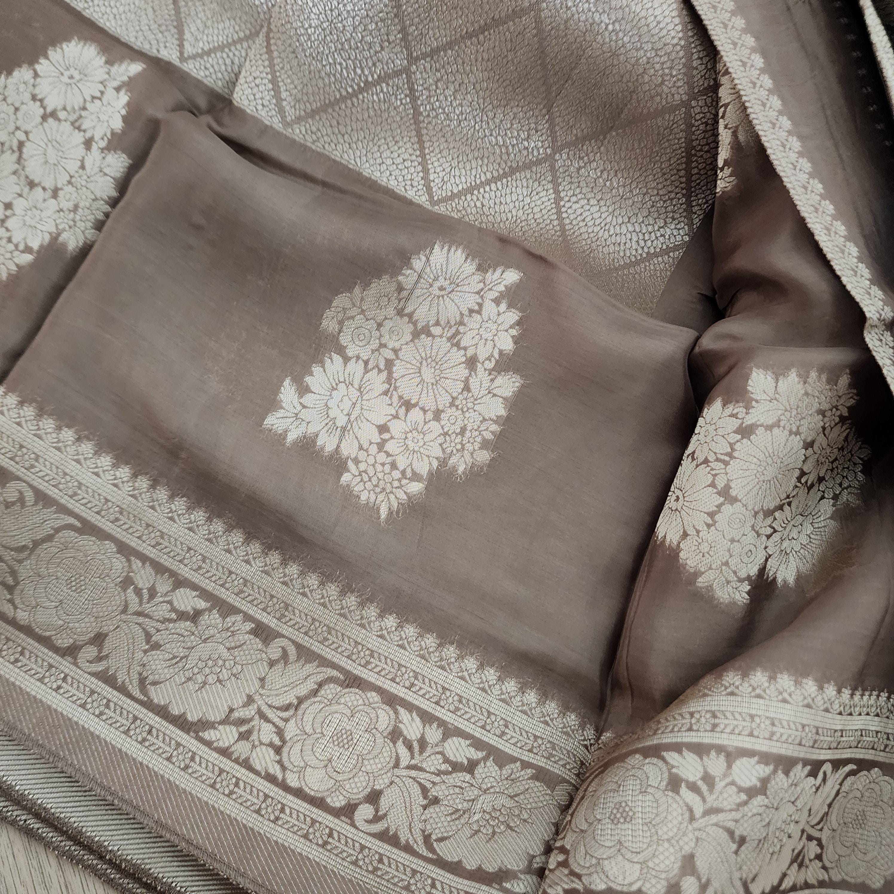 Banarasi Crape Georgette Saree in Gray & Silver Zari