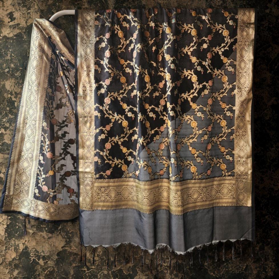 Black Banarasi Silk Dupatta with Gold Zari and Multicolor Meenakari Weaving