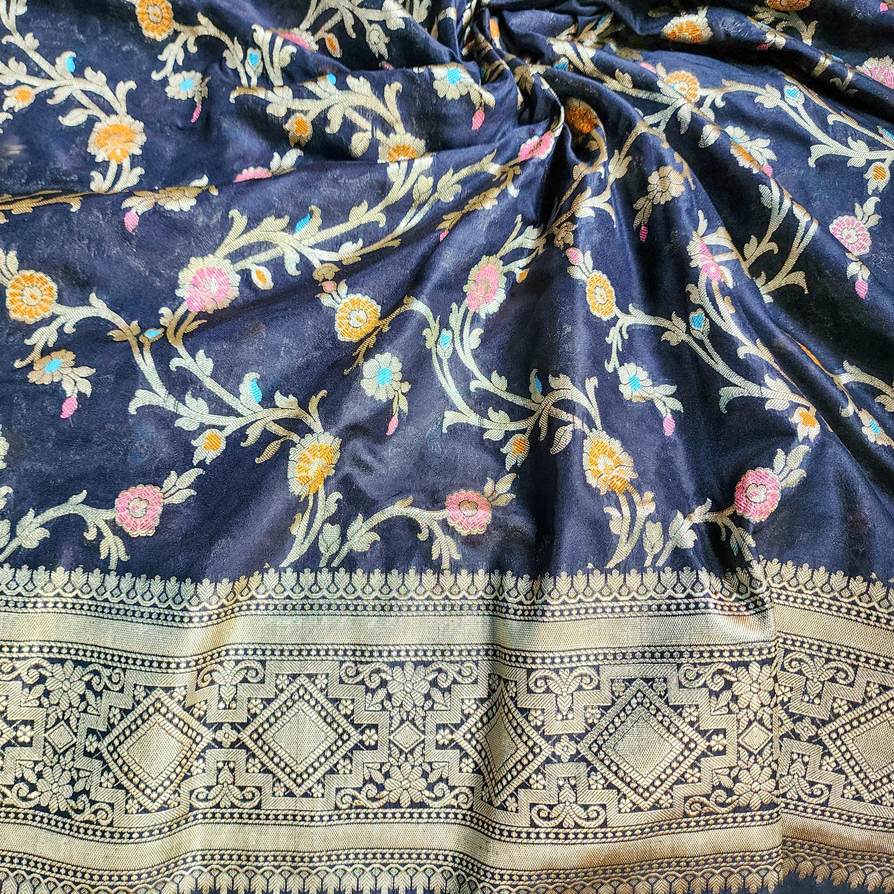Black Banarasi Silk Dupatta with Gold Zari Border
