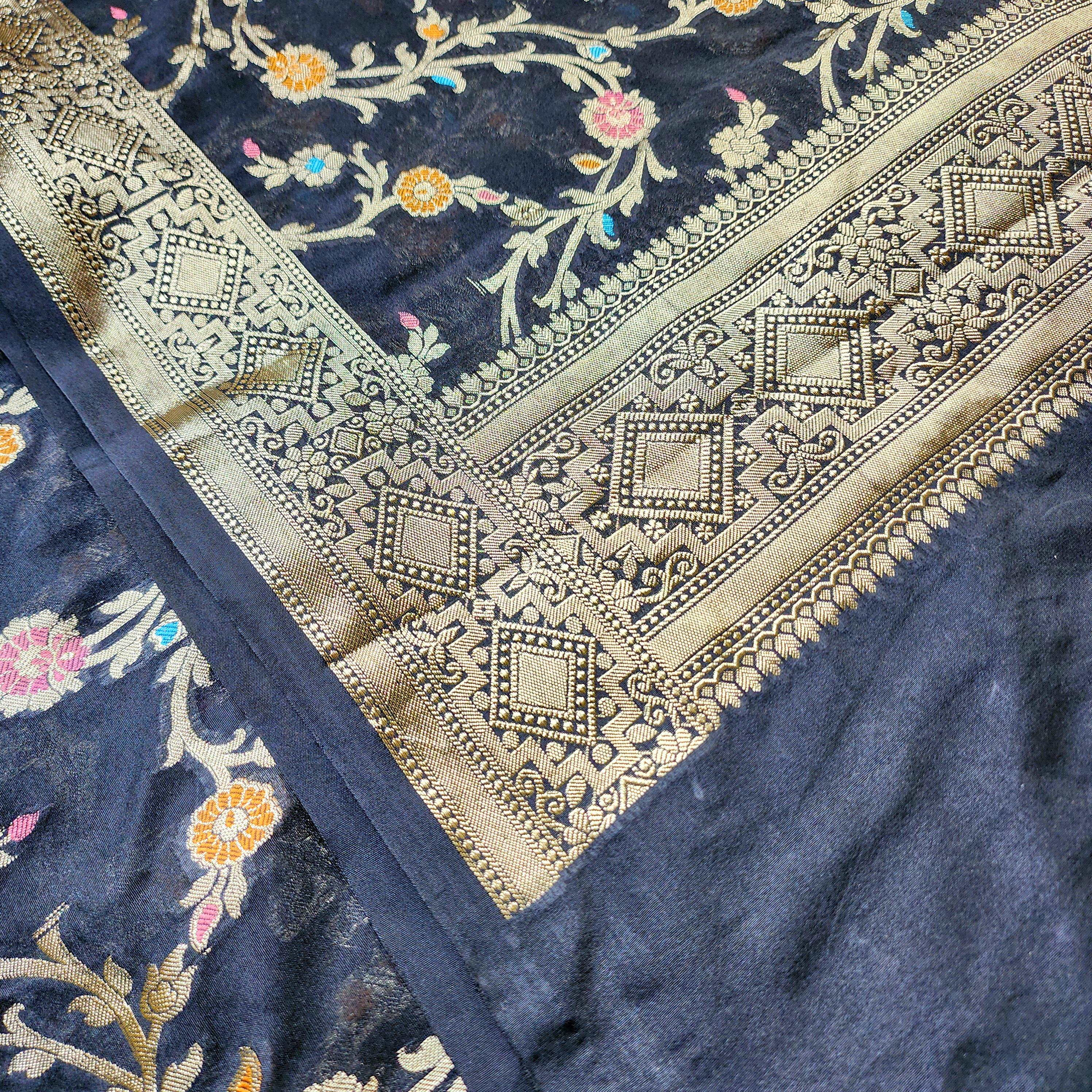 Black Banarasi Silk Dupatta with Gold Zari Border