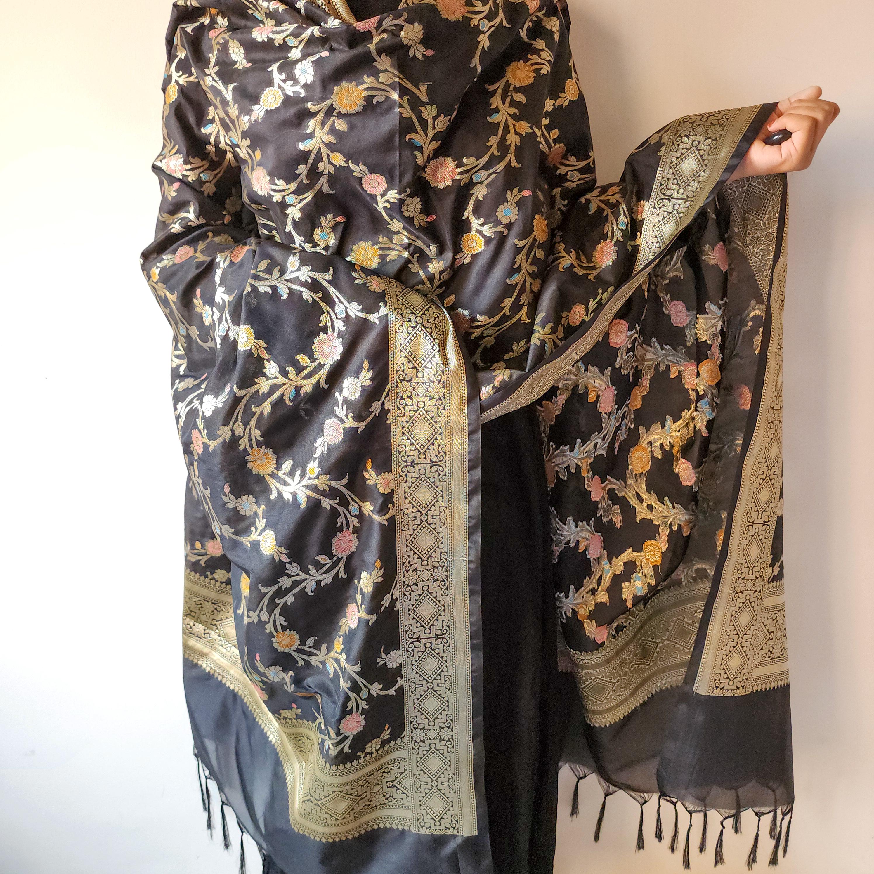 Black Banarasi Silk Dupatta with Gold Zari Border