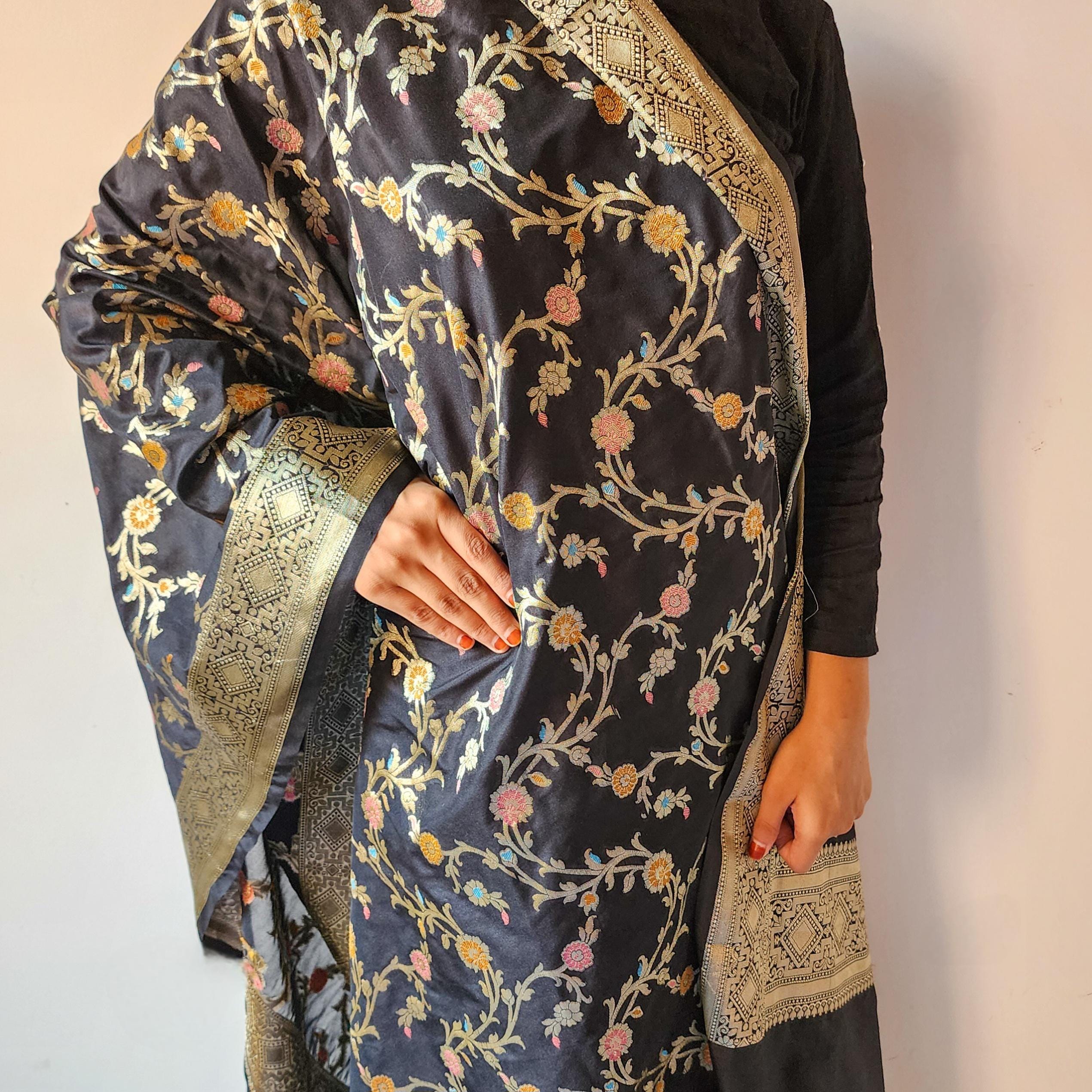 Black Banarasi Silk Dupatta with Gold Zari Border