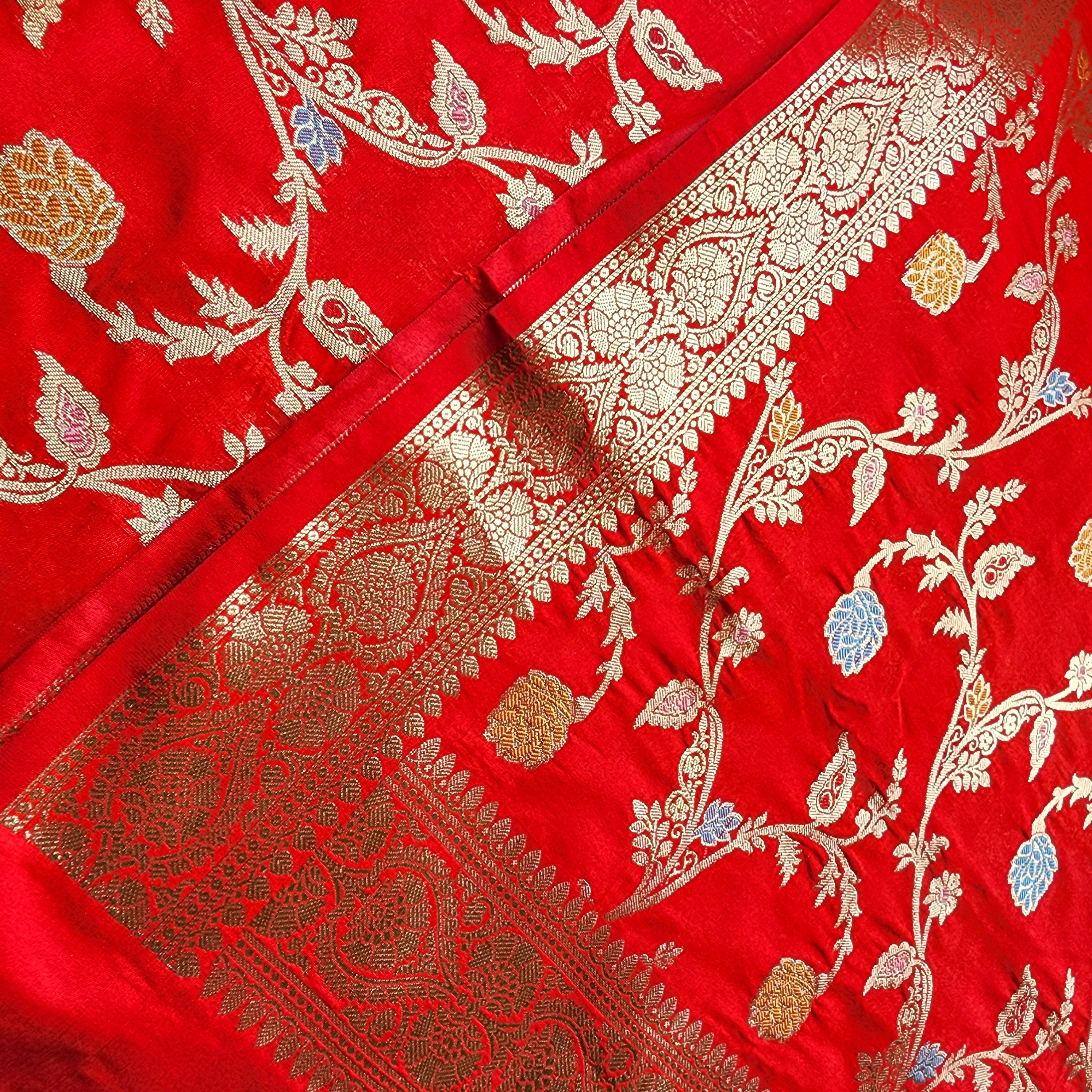Bright Red Banarasi Silk Dupatta with Multicolor Meenakari and Festive Zari Work