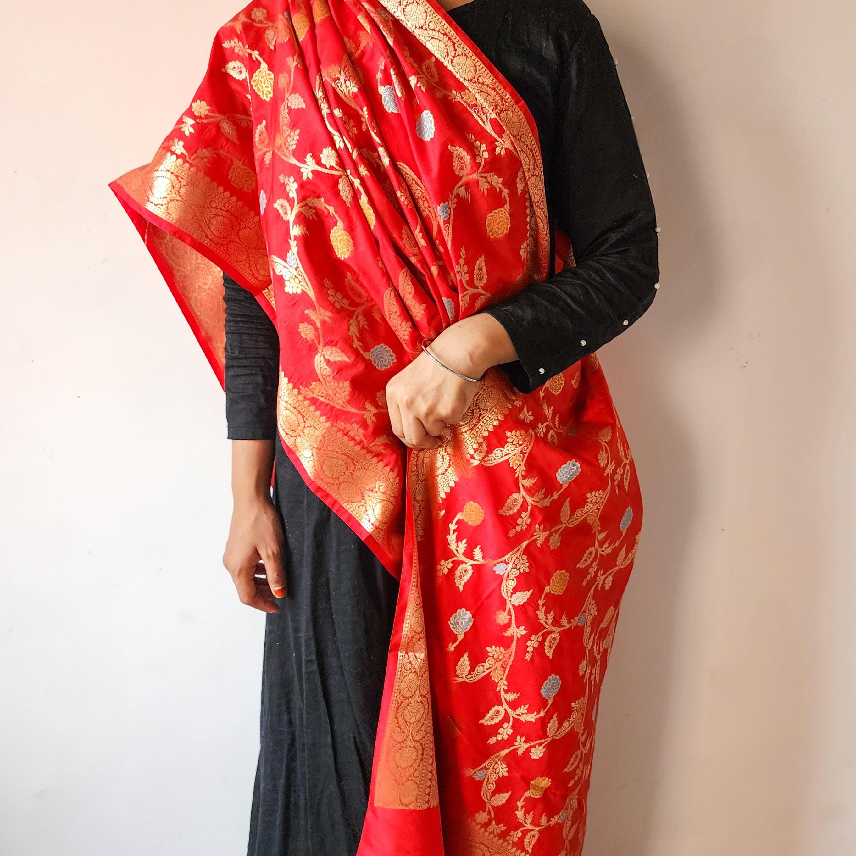 Bright Red Banarasi Silk Dupatta with Multicolor Meenakari and Festive Zari Work