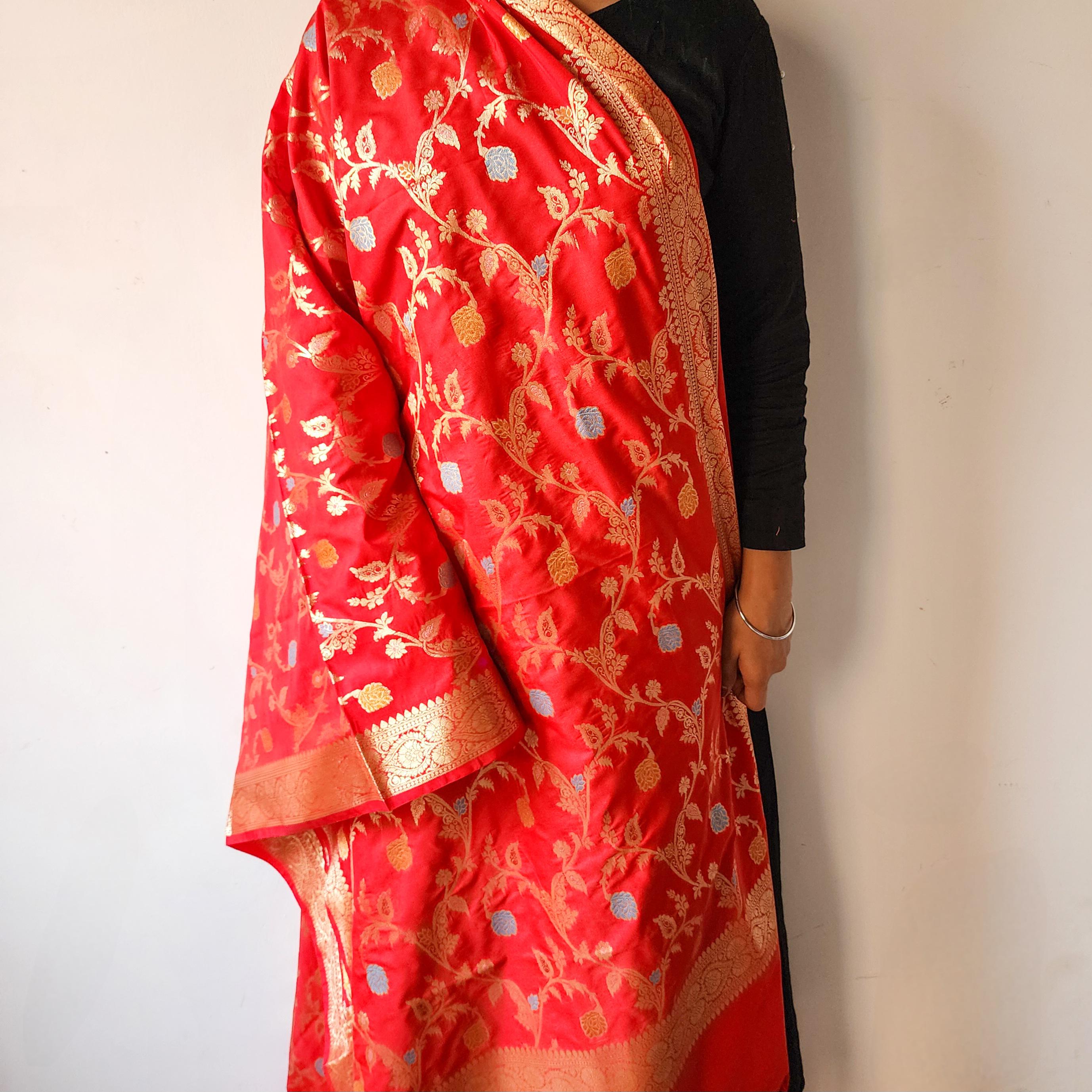 Bright Red Banarasi Silk Dupatta with Multicolor Meenakari and Festive Zari Work