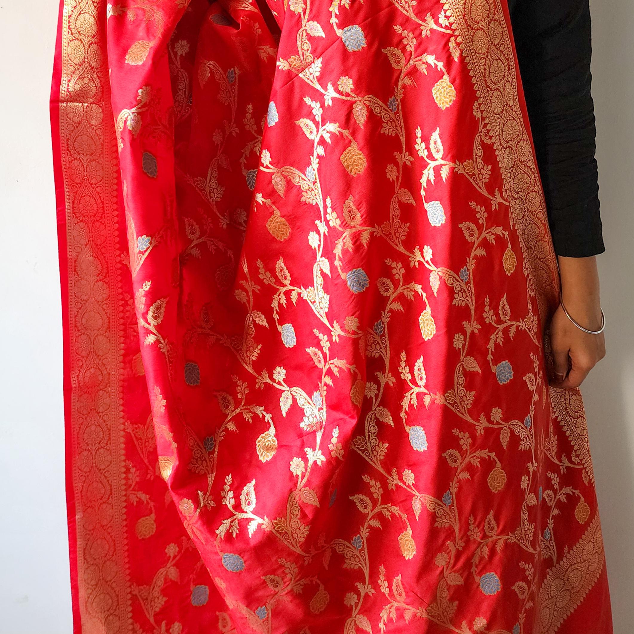Bright Red Banarasi Silk Dupatta with Multicolor Meenakari and Festive Zari Work