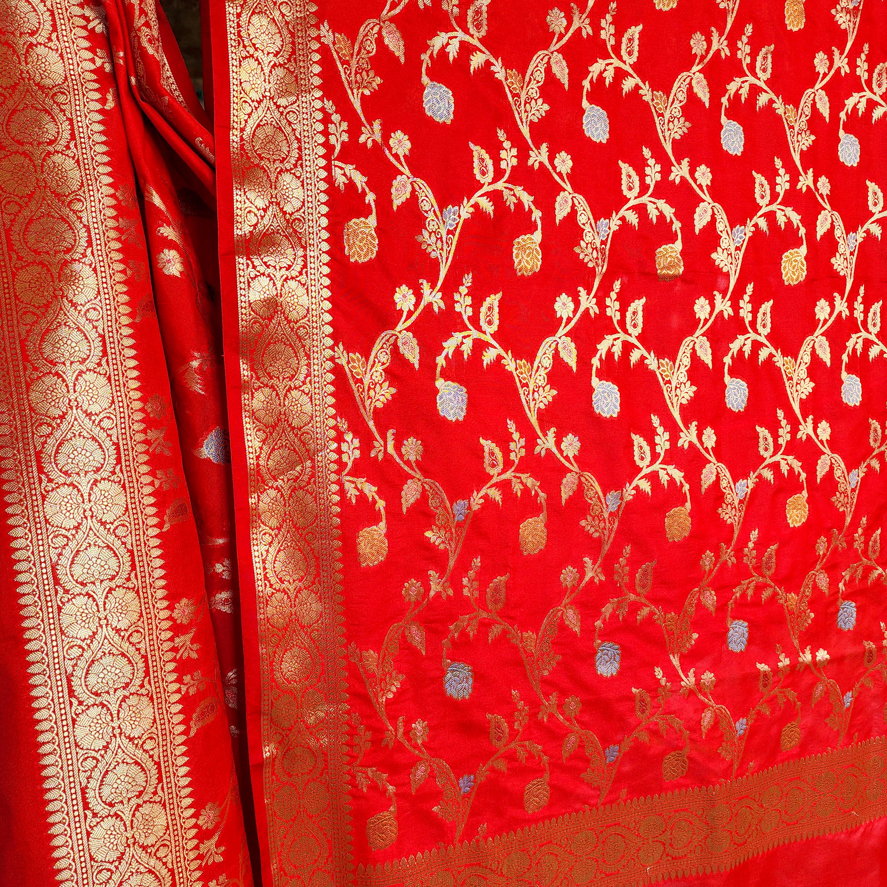 Bright Red Banarasi Silk Dupatta with Multicolor Meenakari and Festive Zari Work