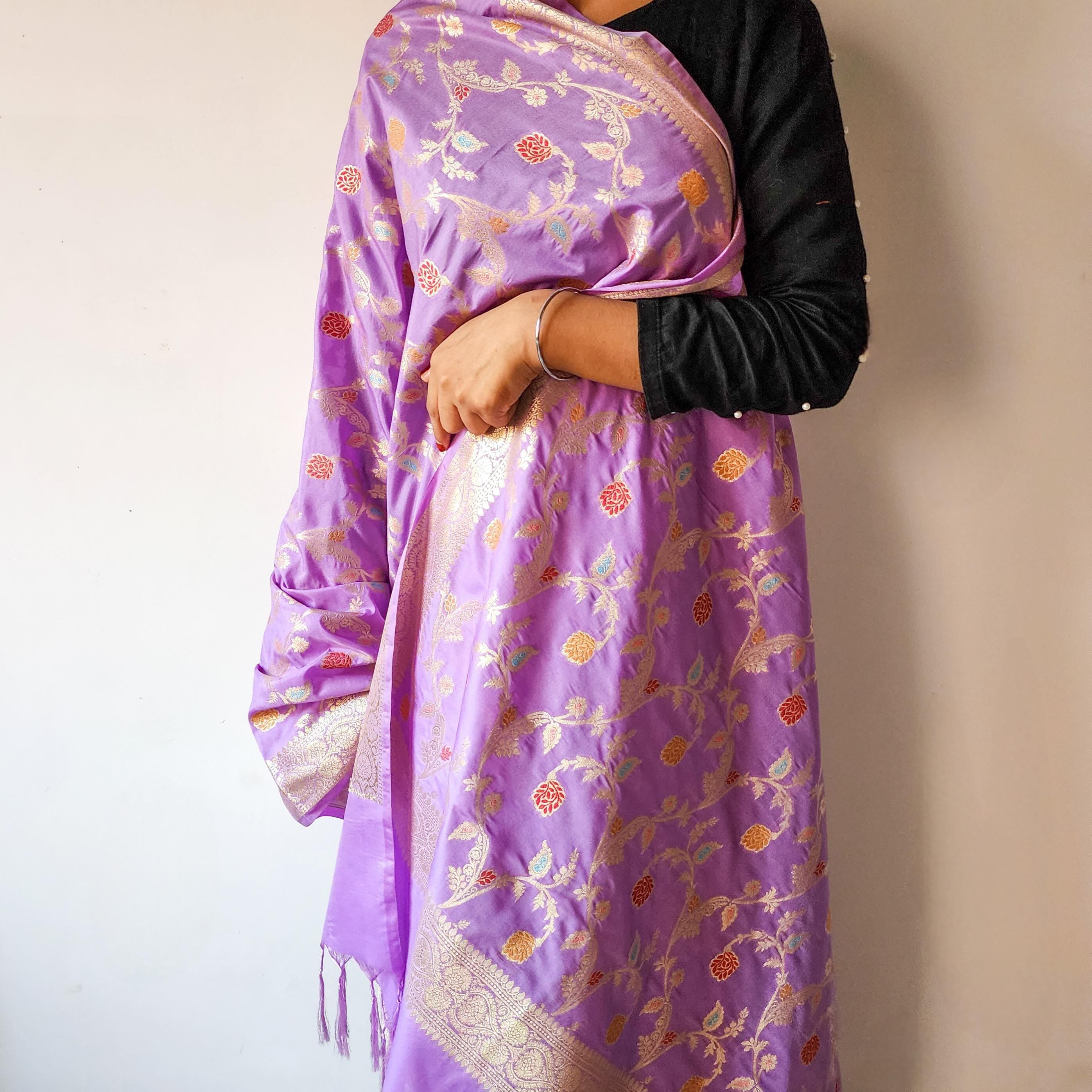 Baby Pink Banarasi Silk Dupatta with Elegant Multicolor Meenakari and Zari Border