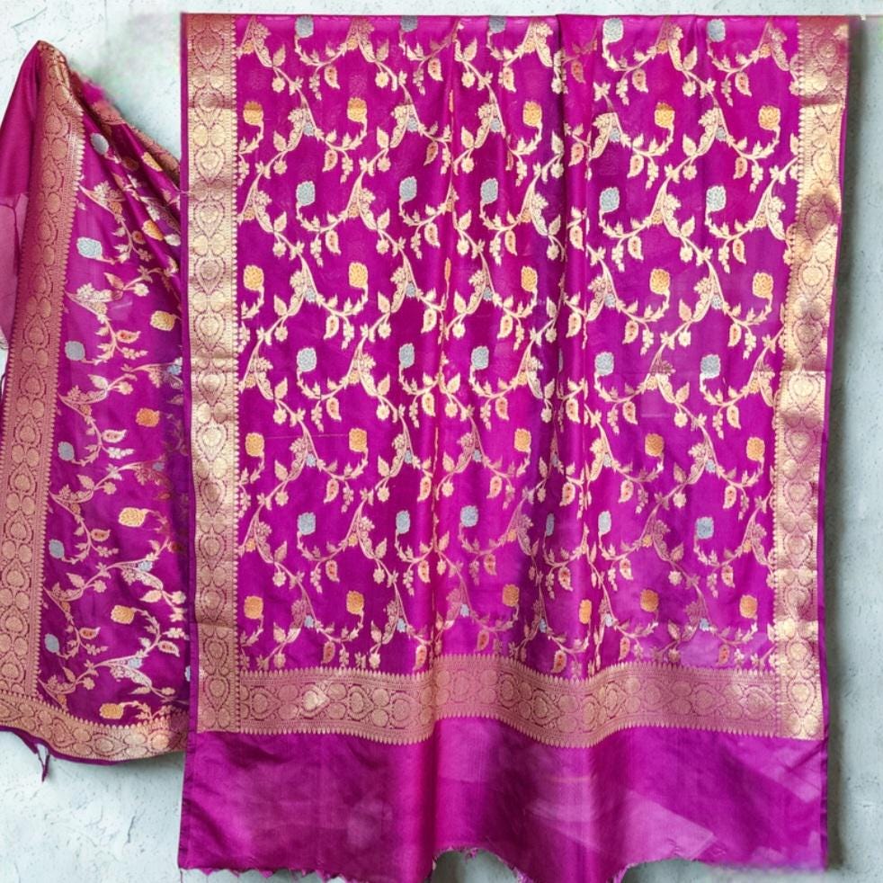 Purple Banarasi Silk Dupatta with Gold Zari Border & Multicolor Meenakari Work