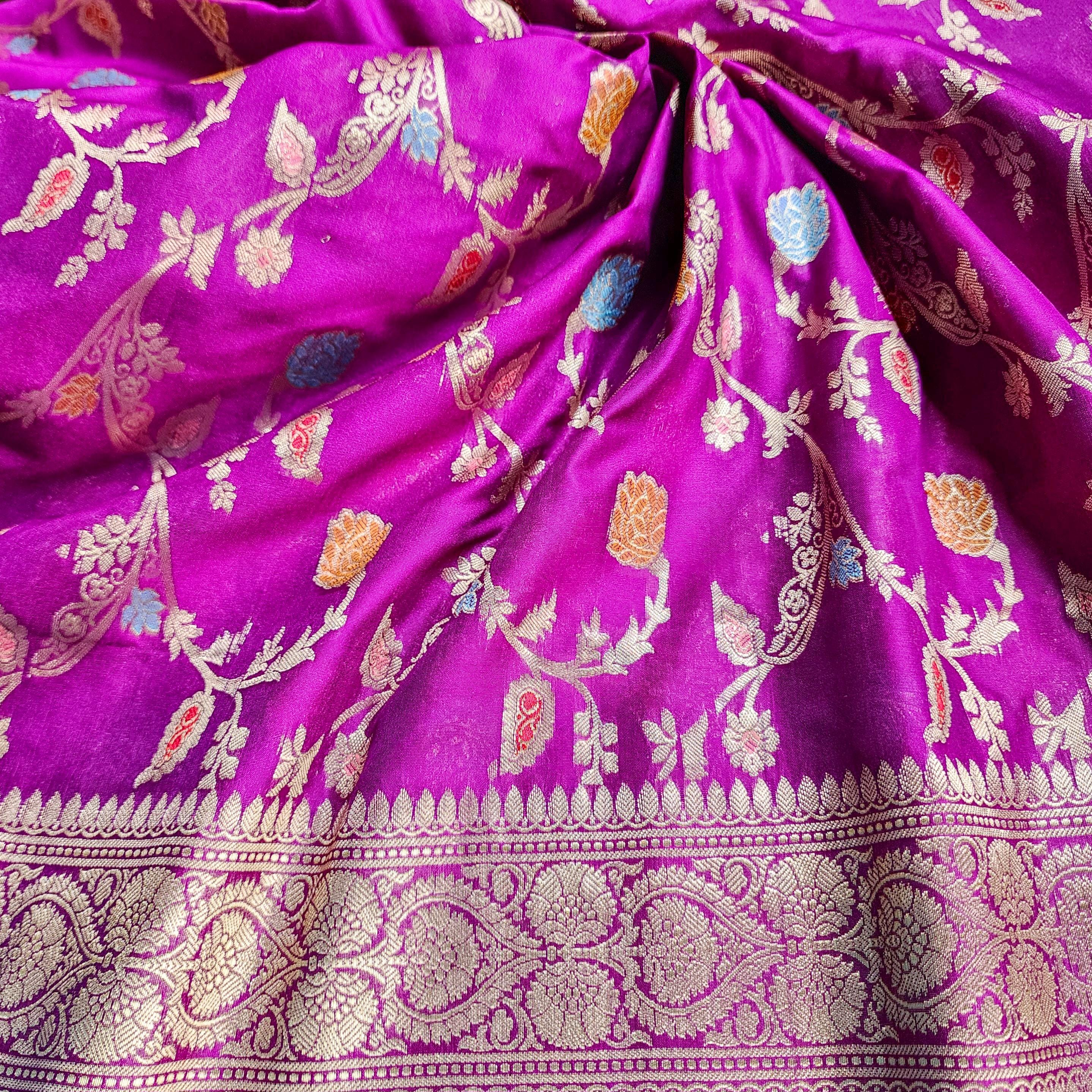 Purple Banarasi Silk Dupatta with Gold Zari Border & Multicolor Meenakari Work