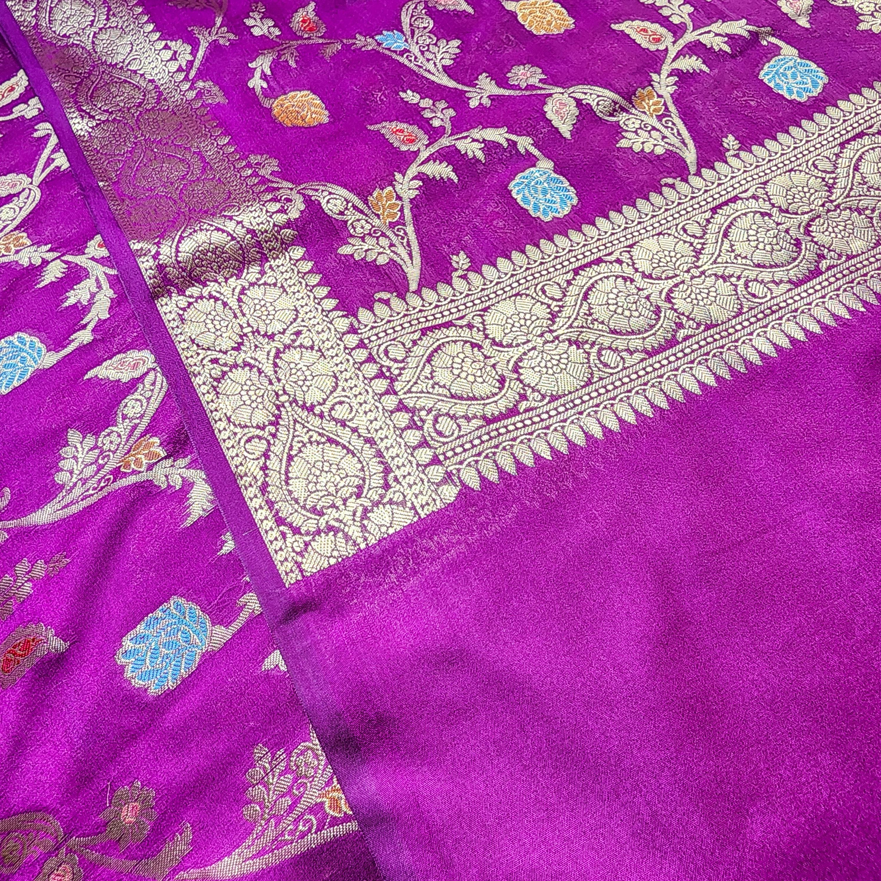 Purple Banarasi Silk Dupatta with Gold Zari Border & Multicolor Meenakari Work