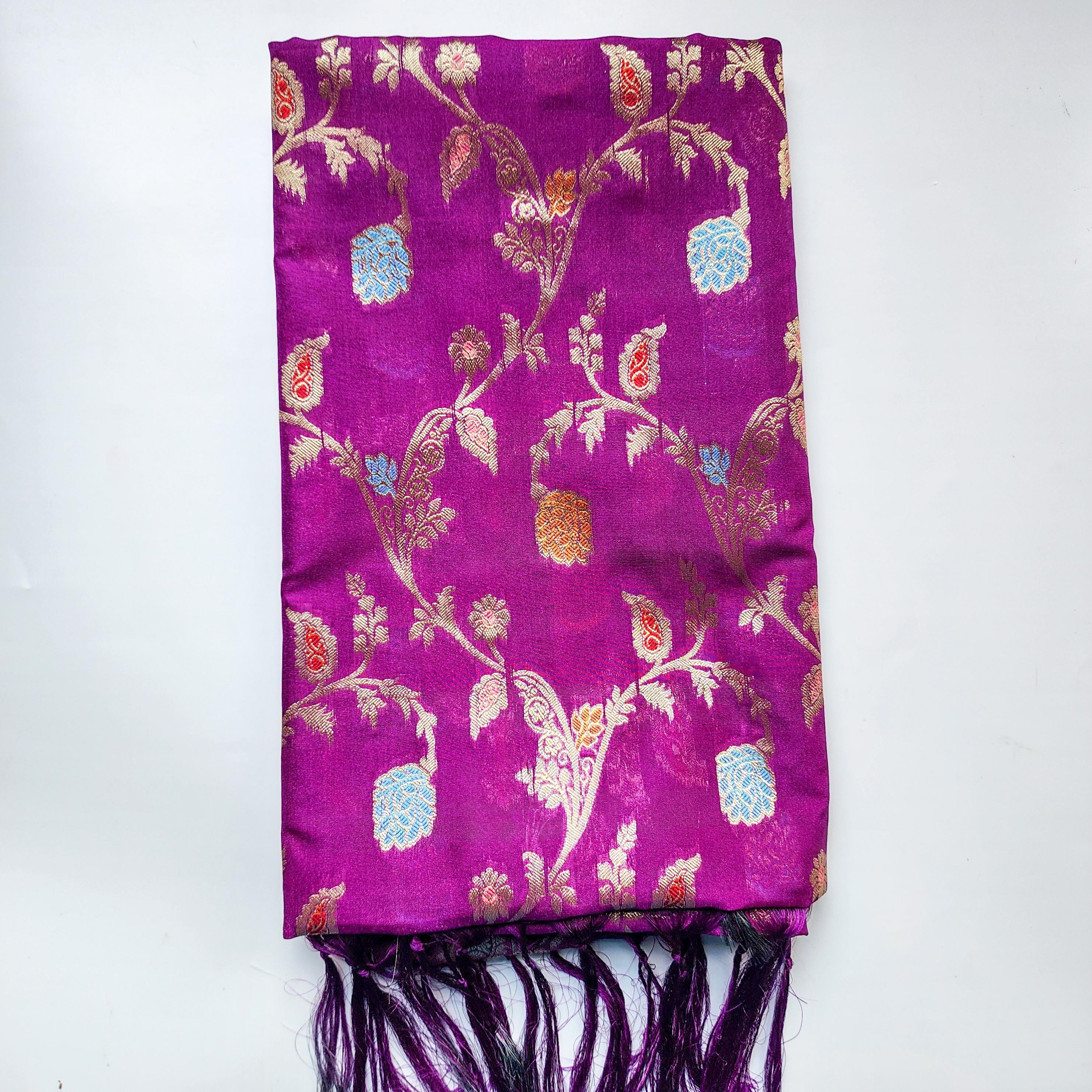Purple Banarasi Silk Dupatta with Gold Zari Border & Multicolor Meenakari Work
