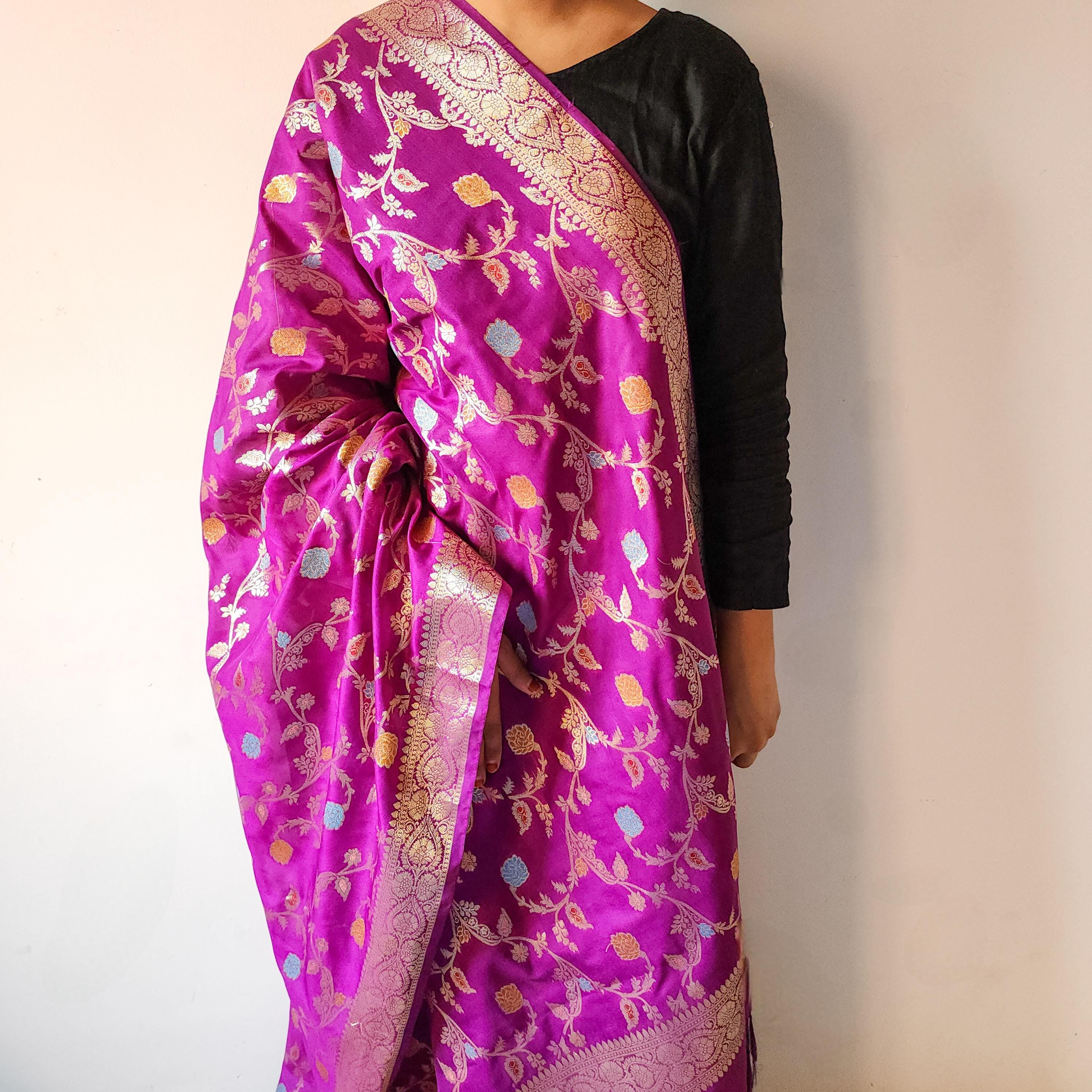 Purple Banarasi Silk Dupatta with Gold Zari Border & Multicolor Meenakari Work