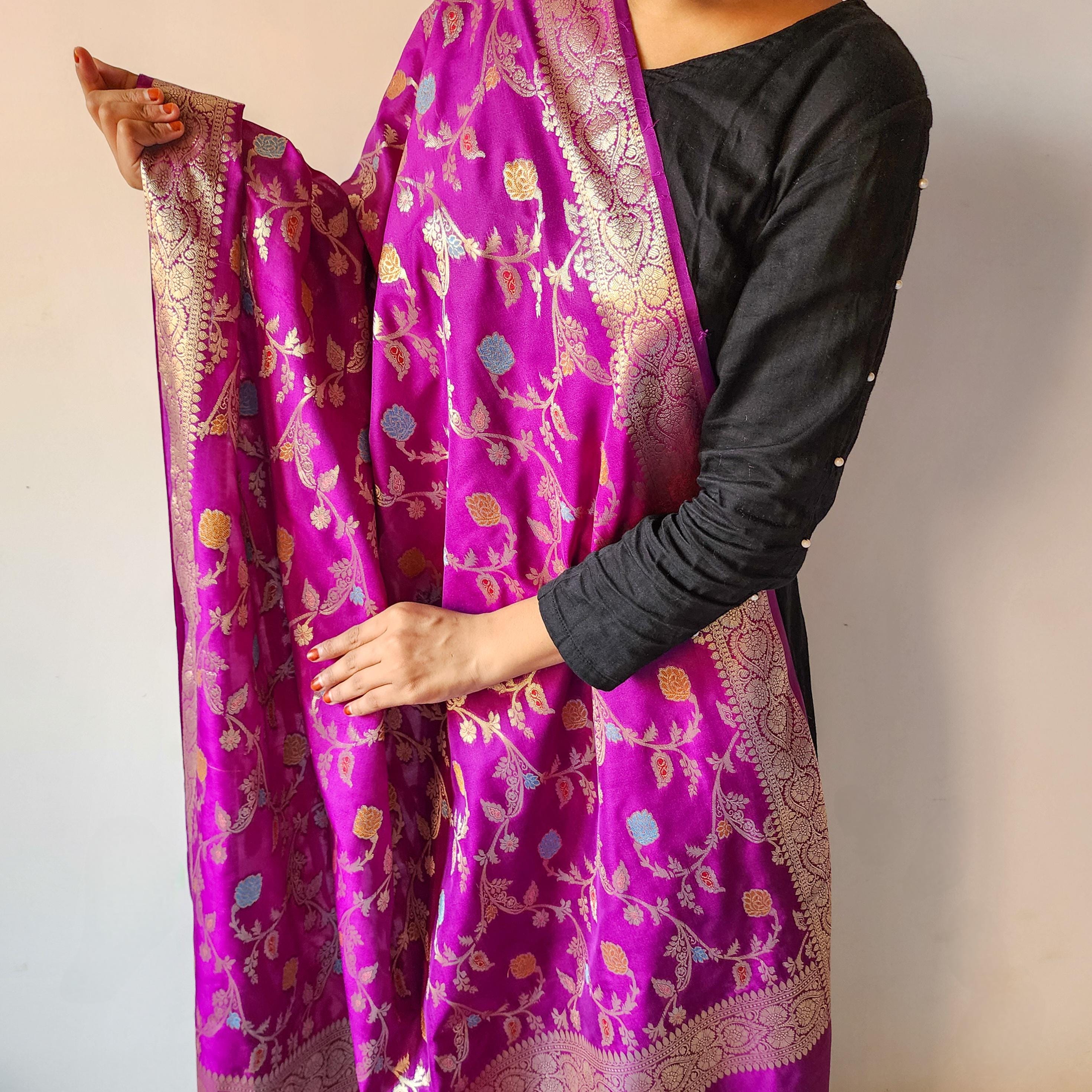 Purple Banarasi Silk Dupatta with Gold Zari Border & Multicolor Meenakari Work