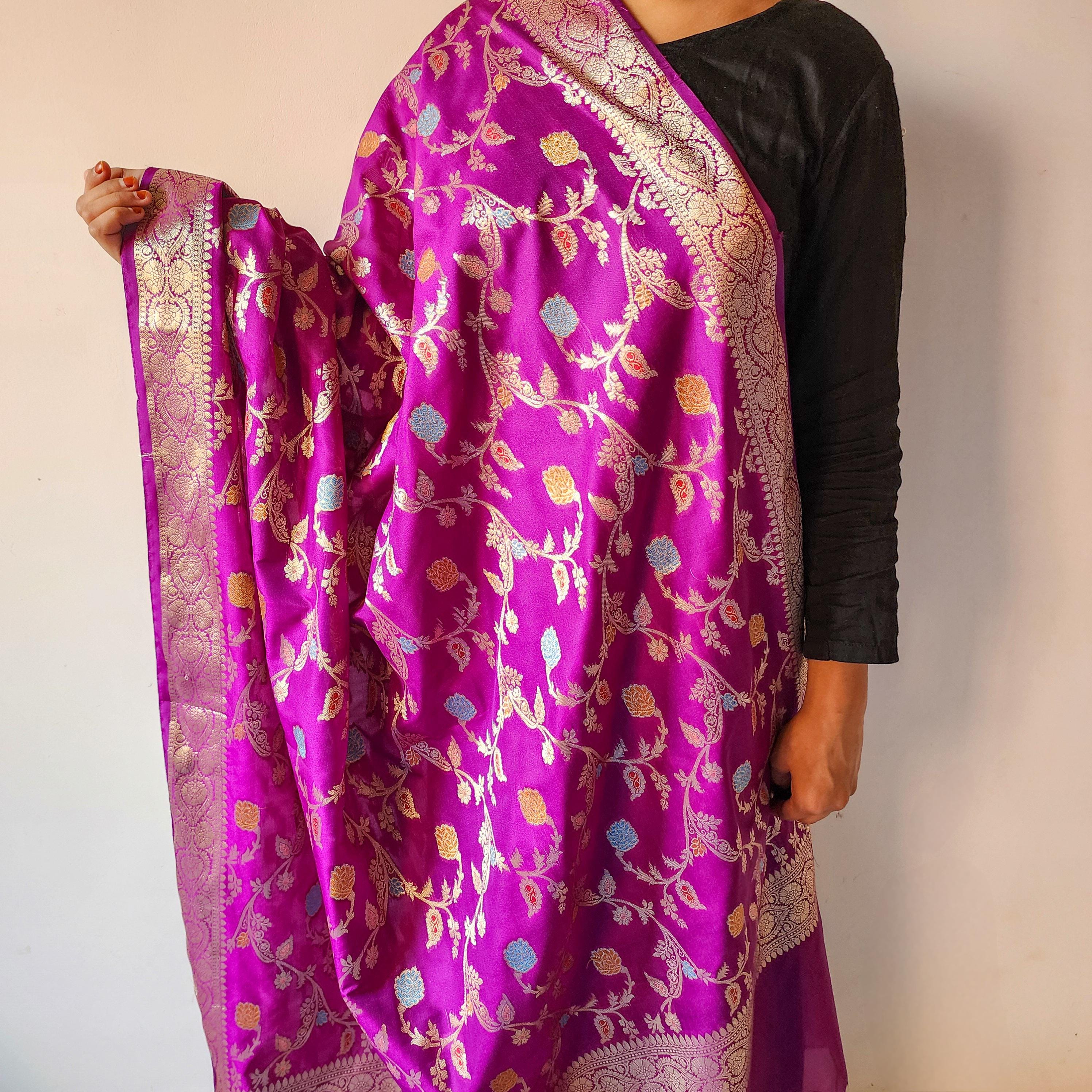 Purple Banarasi Silk Dupatta with Gold Zari Border & Multicolor Meenakari Work
