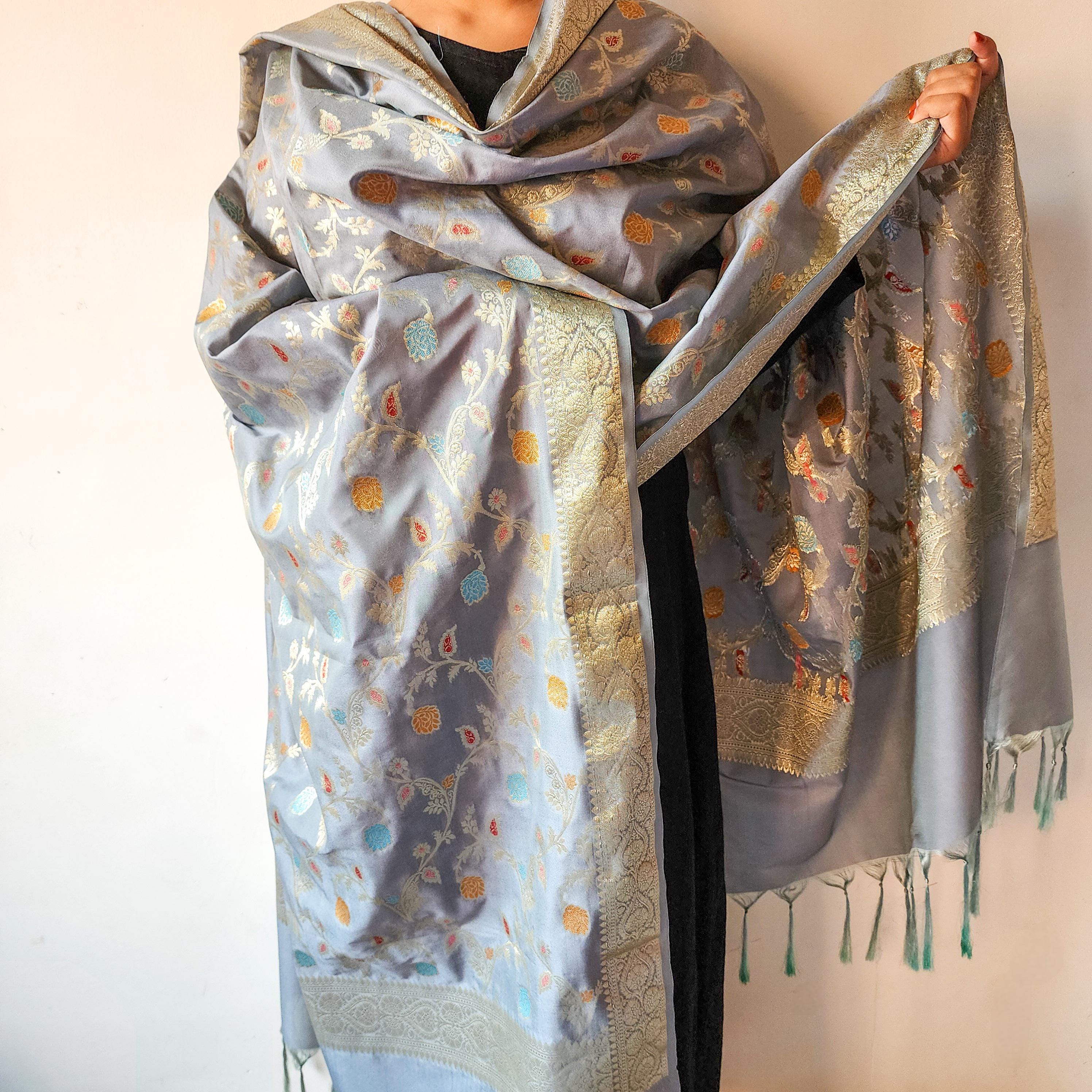 Sky Blue Banarasi Silk Dupatta with Multicolor Meenakari and Traditional Zari Weave