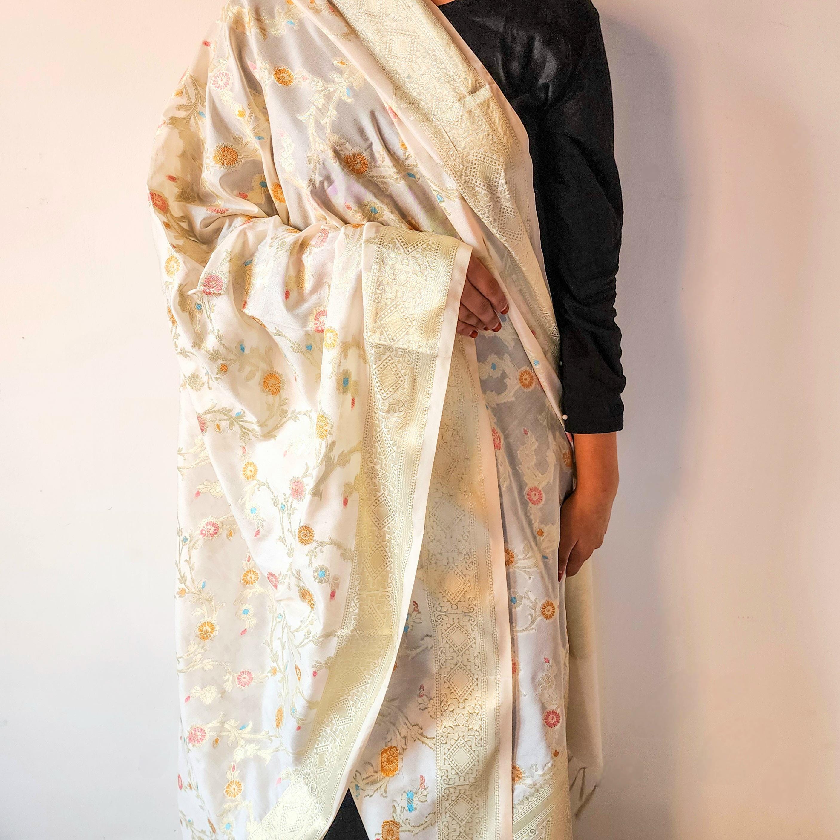 Cream Banarasi Silk Dupatta with Rich Gold Zari Border and Multicolor Meenakari