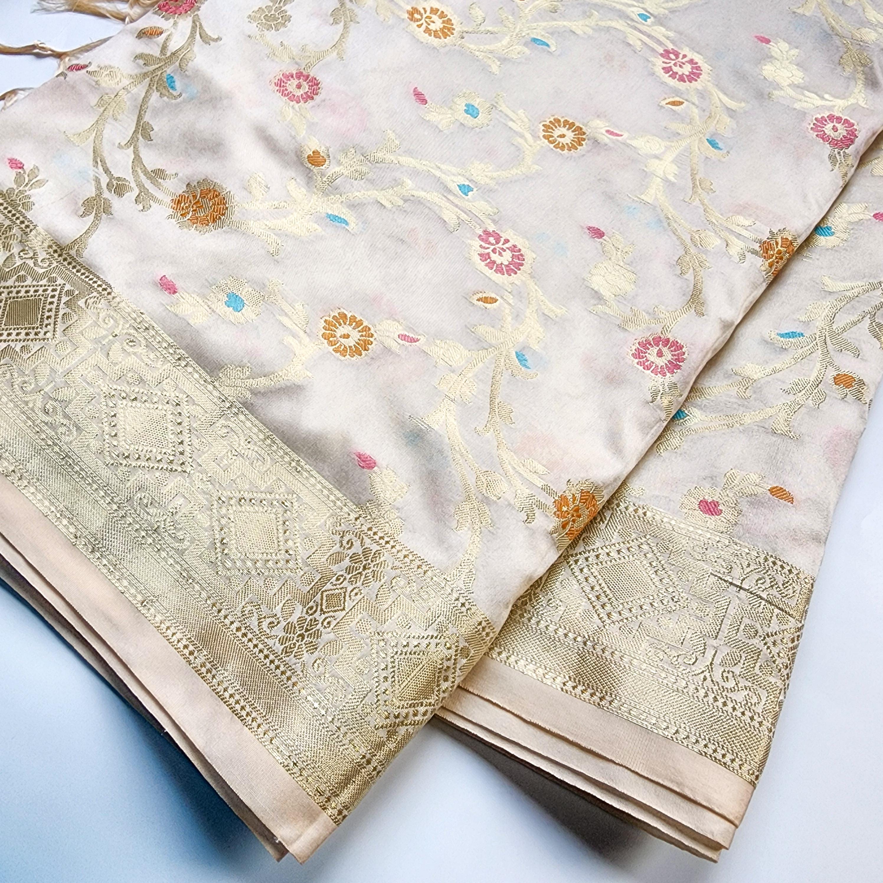 Cream Banarasi Silk Dupatta with Rich Gold Zari Border and Multicolor Meenakari