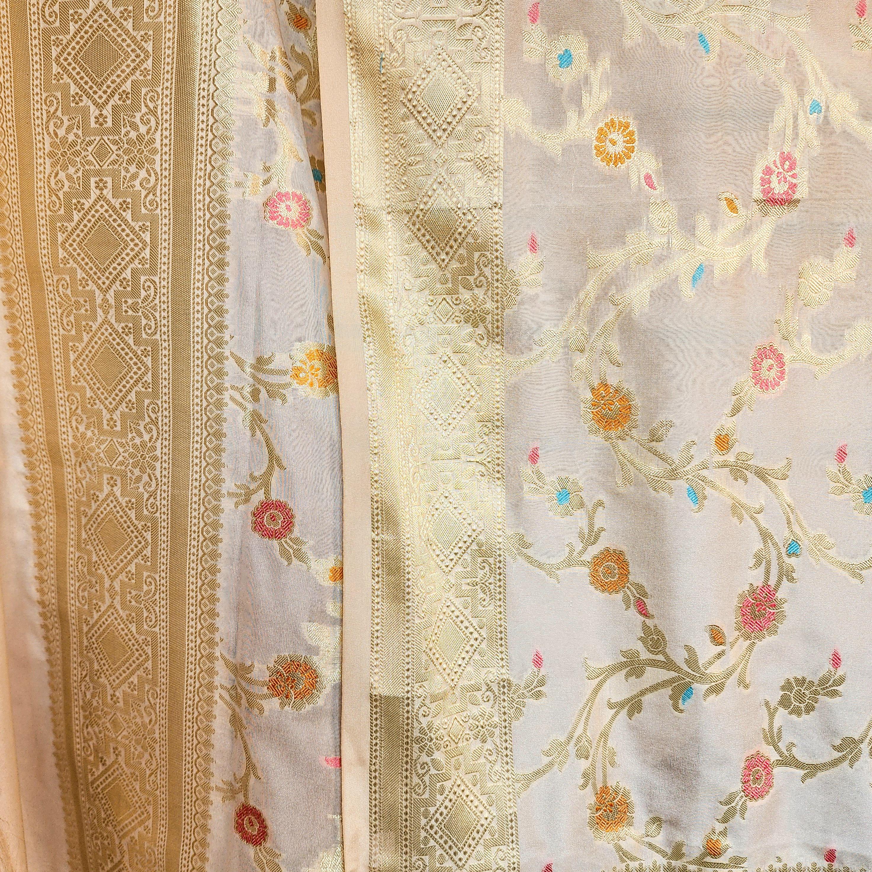 Cream Banarasi Silk Dupatta with Rich Gold Zari Border and Multicolor Meenakari