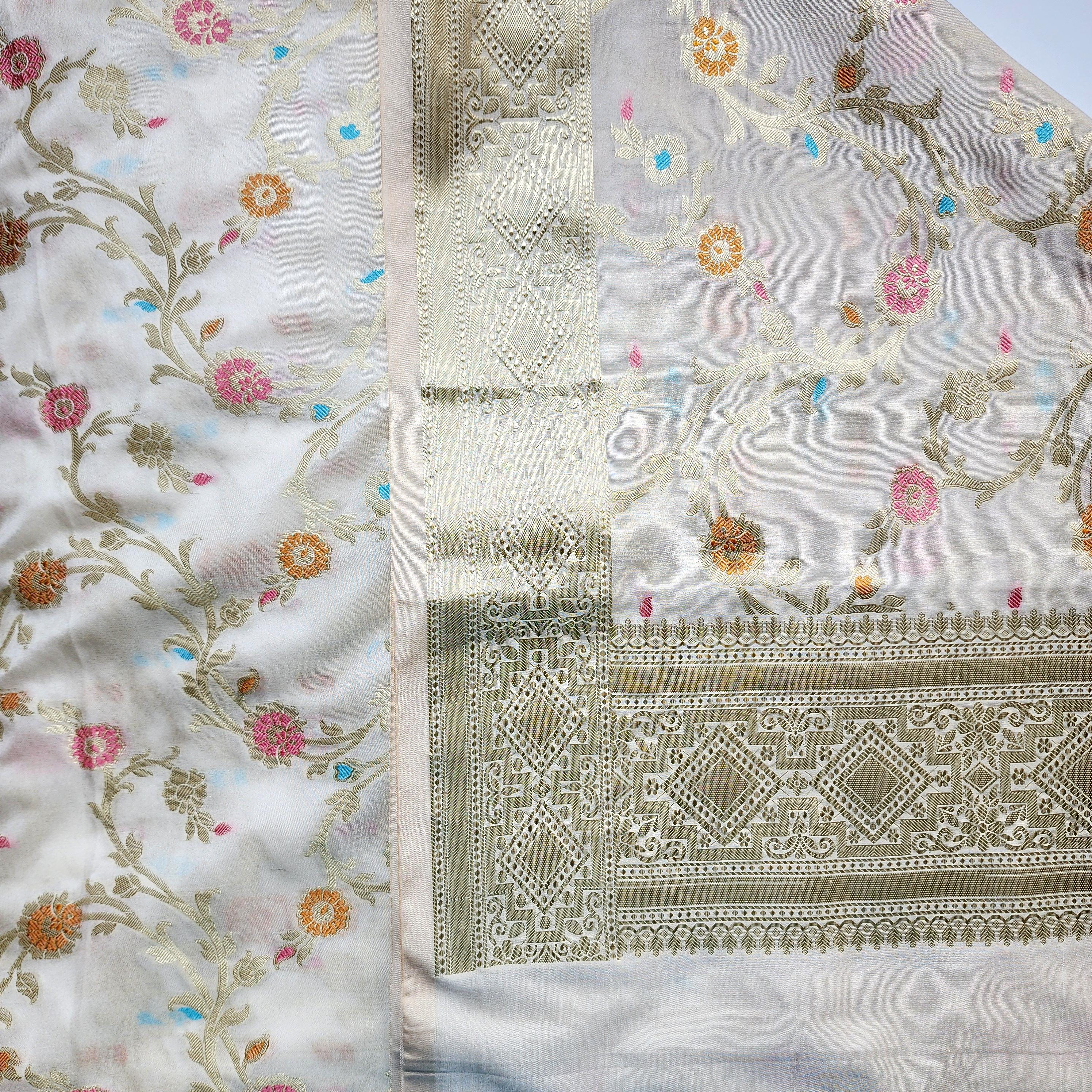 Cream Banarasi Silk Dupatta with Rich Gold Zari Border and Multicolor Meenakari