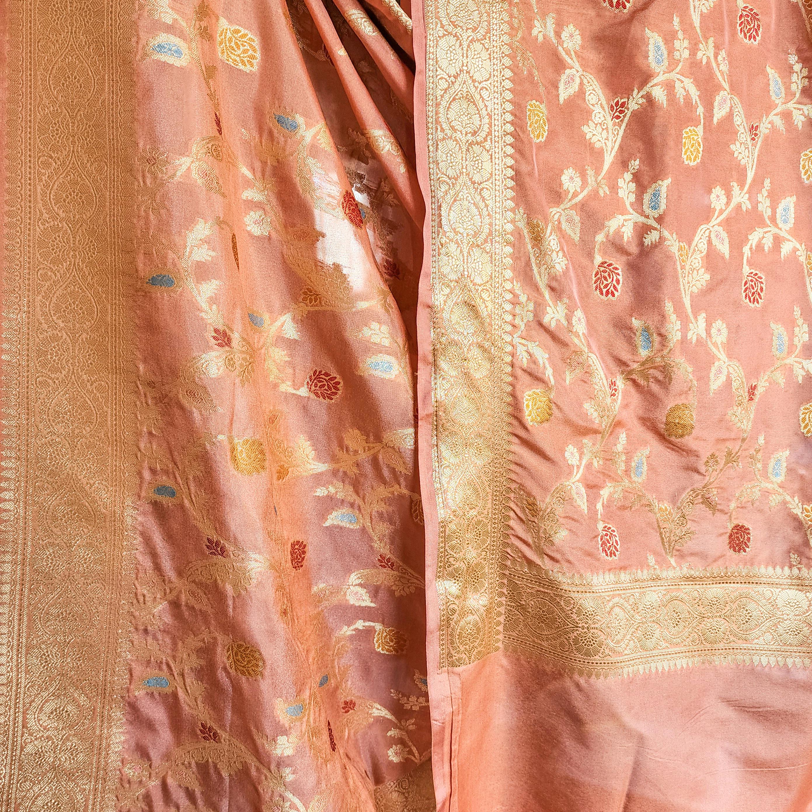 Peach Banarasi Silk Dupatta with Gold Zari Border and Multicolor Meenakari Design
