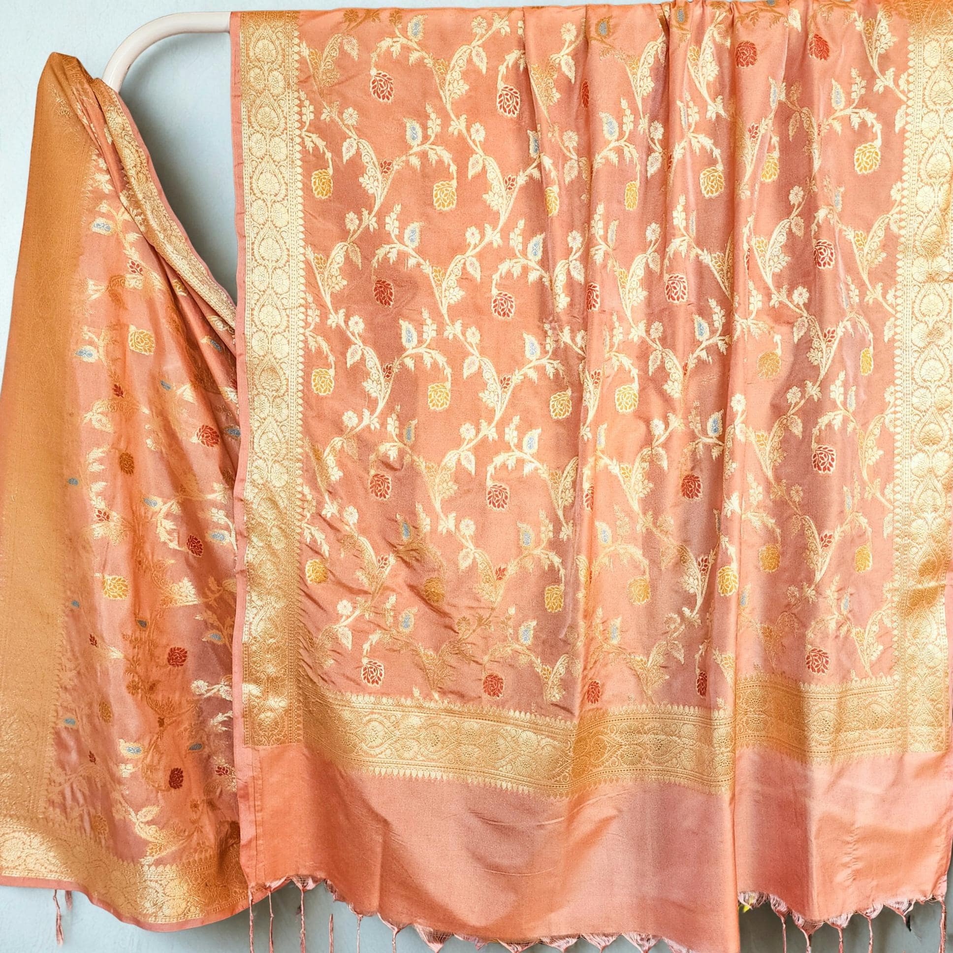 Peach Banarasi Silk Dupatta with Gold Zari Border and Multicolor Meenakari Design