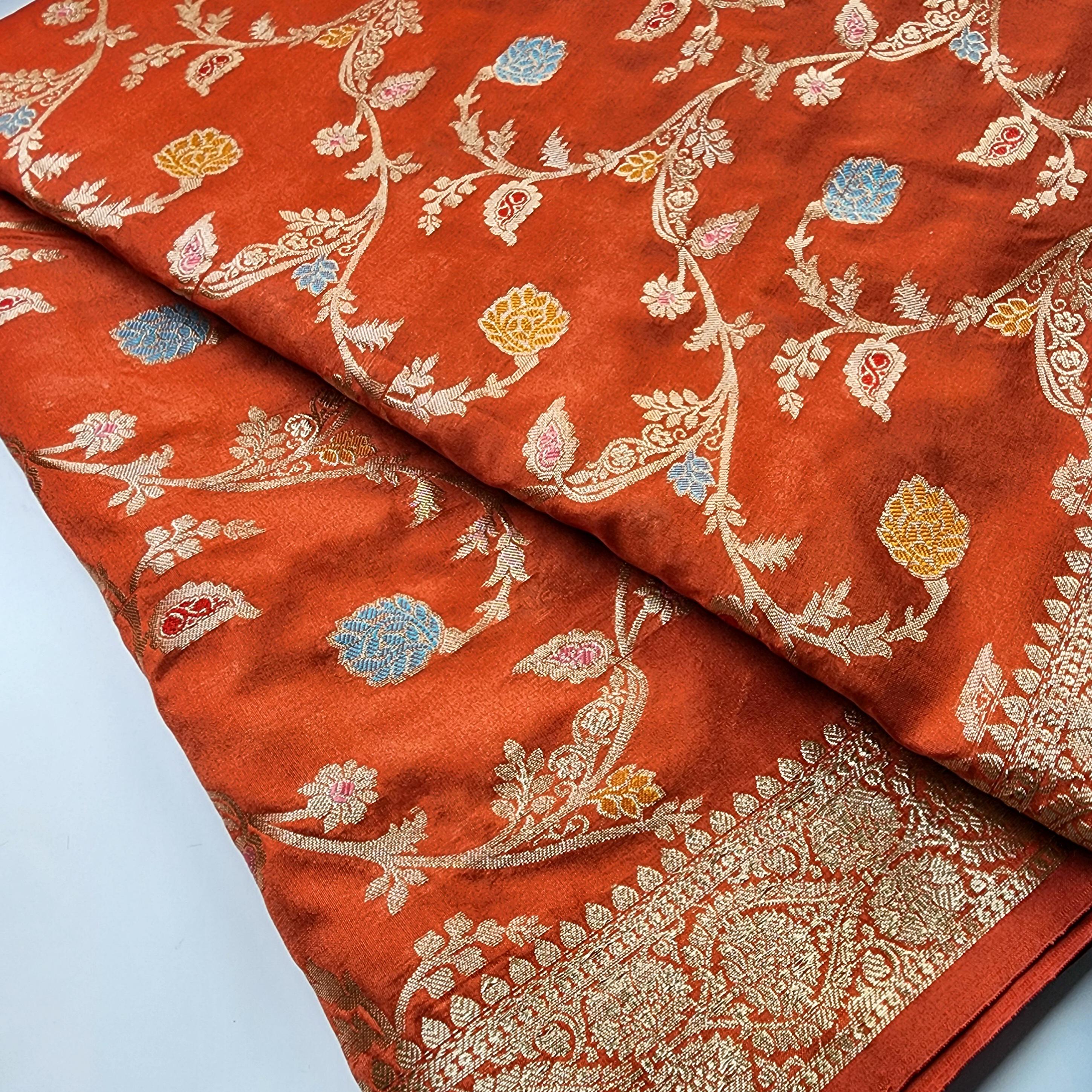 Rust Orange Banarasi Silk Dupatta with Gold Zari Border & Multicolor Meenakari Work