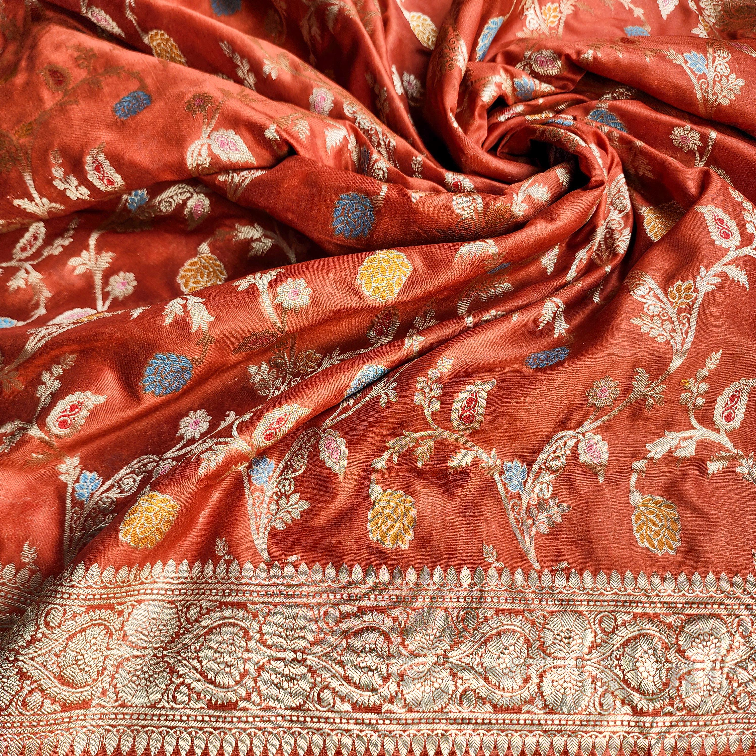 Rust Orange Banarasi Silk Dupatta with Gold Zari Border & Multicolor Meenakari Work