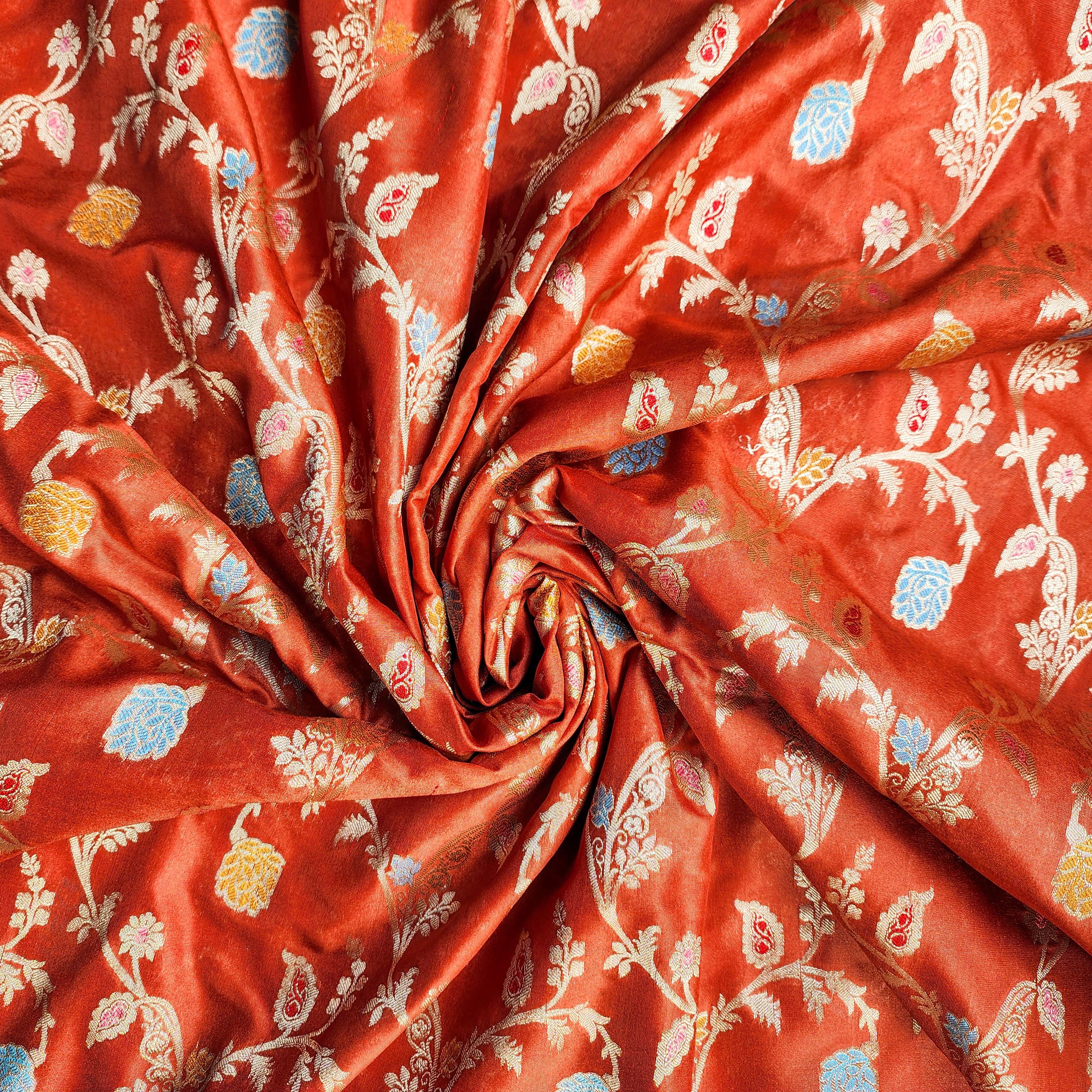 Rust Orange Banarasi Silk Dupatta with Gold Zari Border & Multicolor Meenakari Work