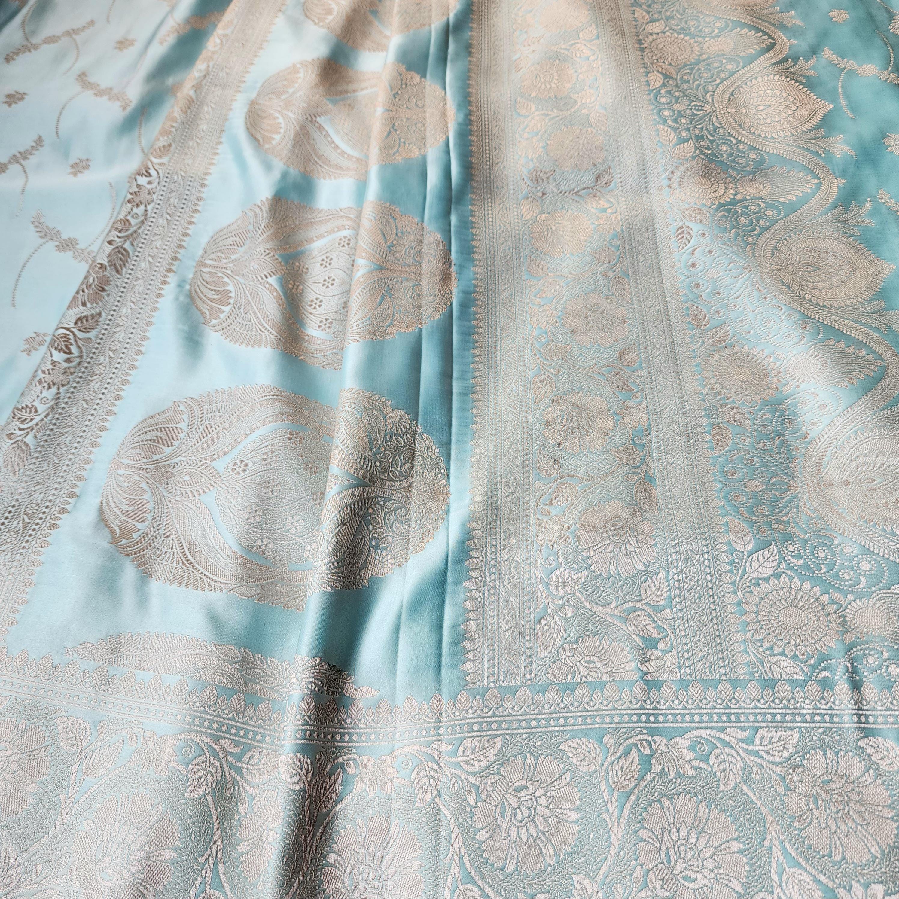 Rich Sky Blue Banarasi Katan Silk Saree | Light Gold Zari weaving