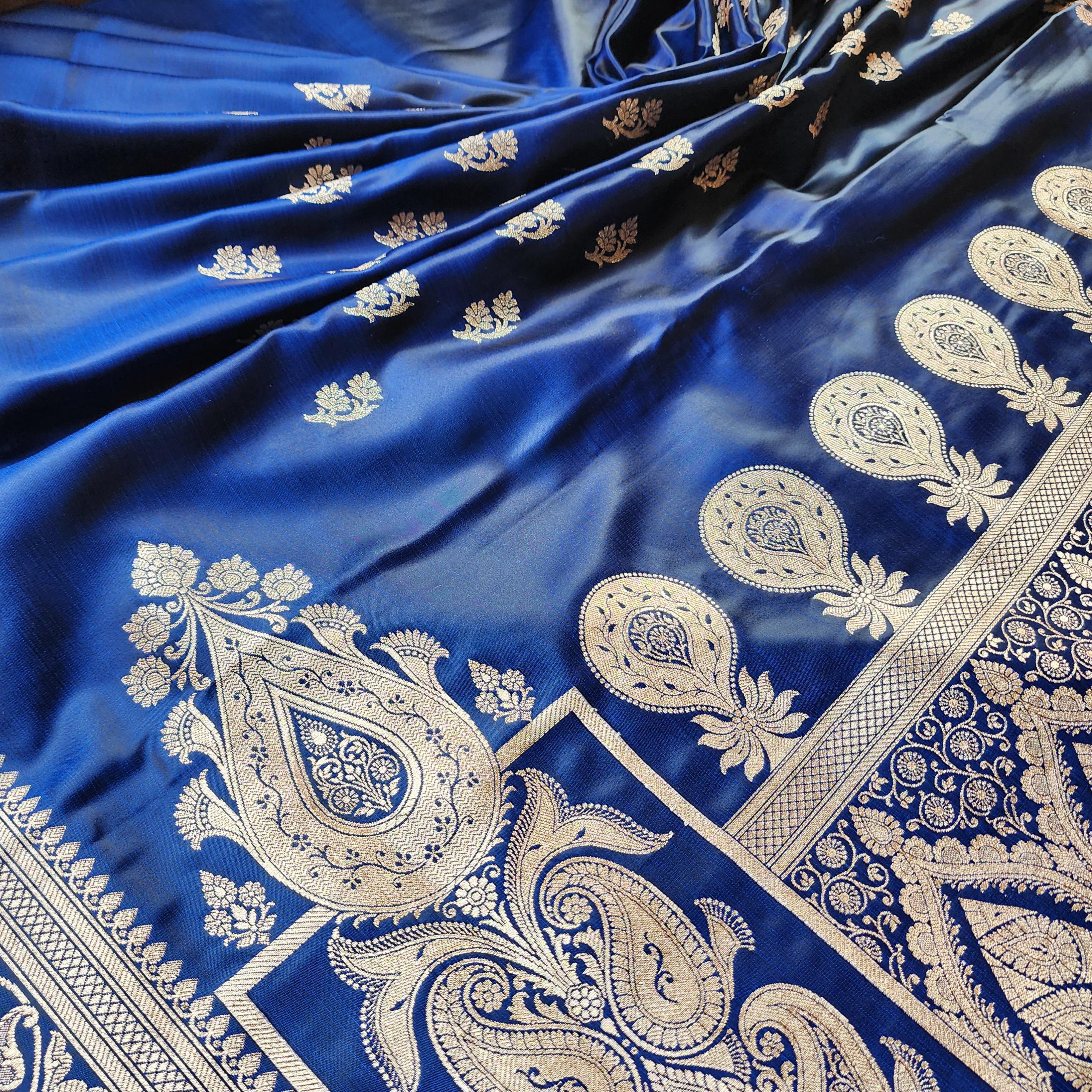 Rich Royal Blue Pure Banarasi Katan Silk Saree with light Gold Zari Weaving