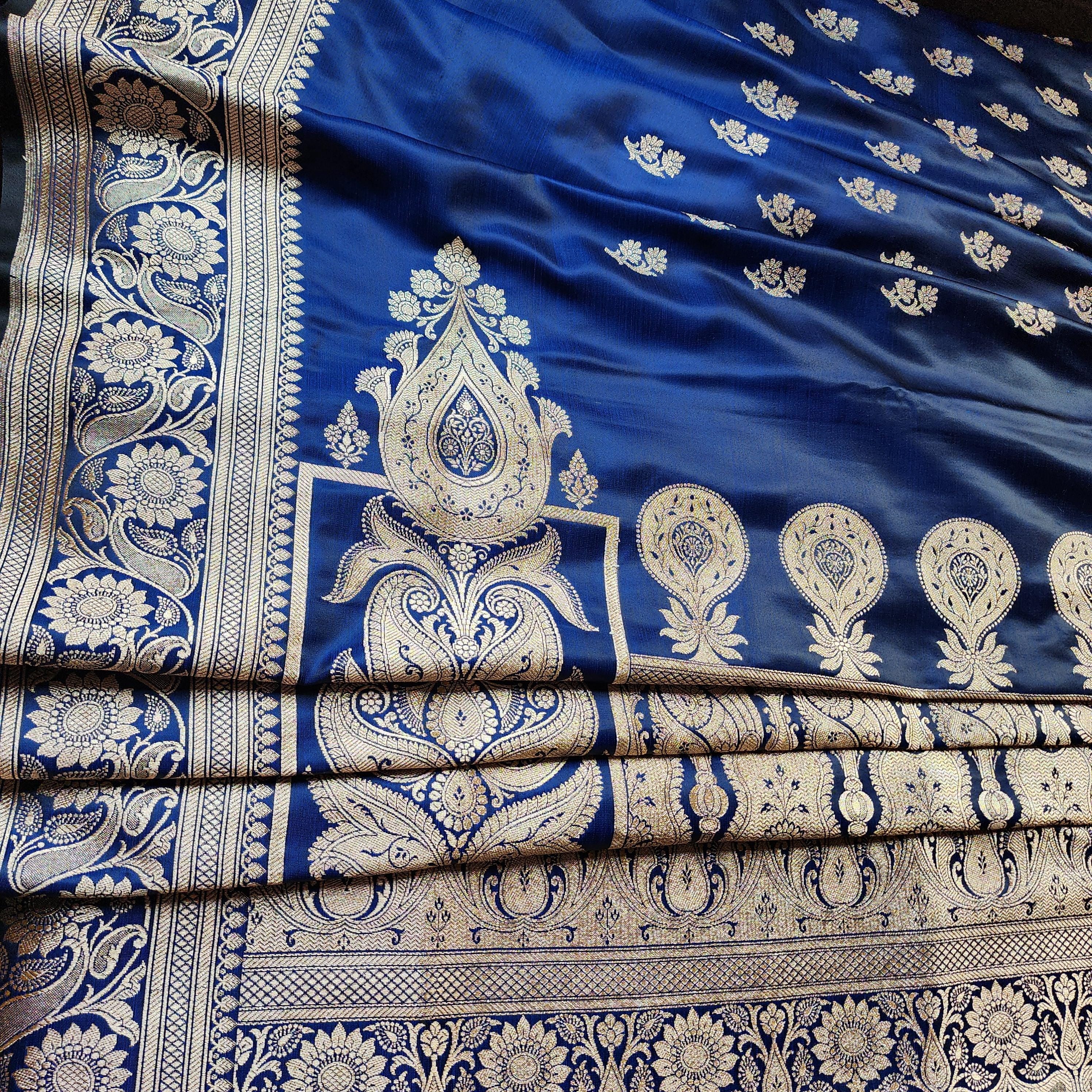 Rich Royal Blue Pure Banarasi Katan Silk Saree with light Gold Zari Weaving
