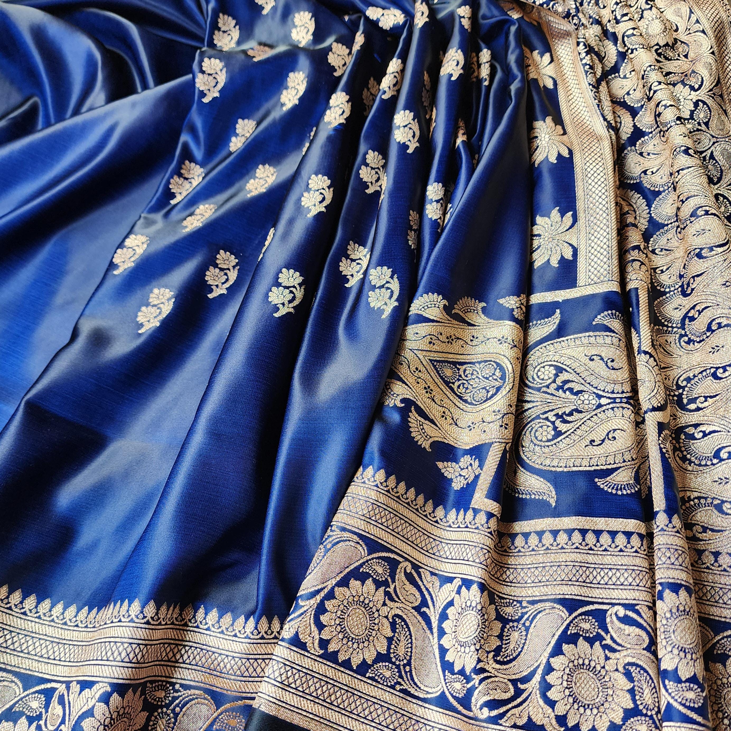 Rich Royal Blue Pure Banarasi Katan Silk Saree with light Gold Zari Weaving