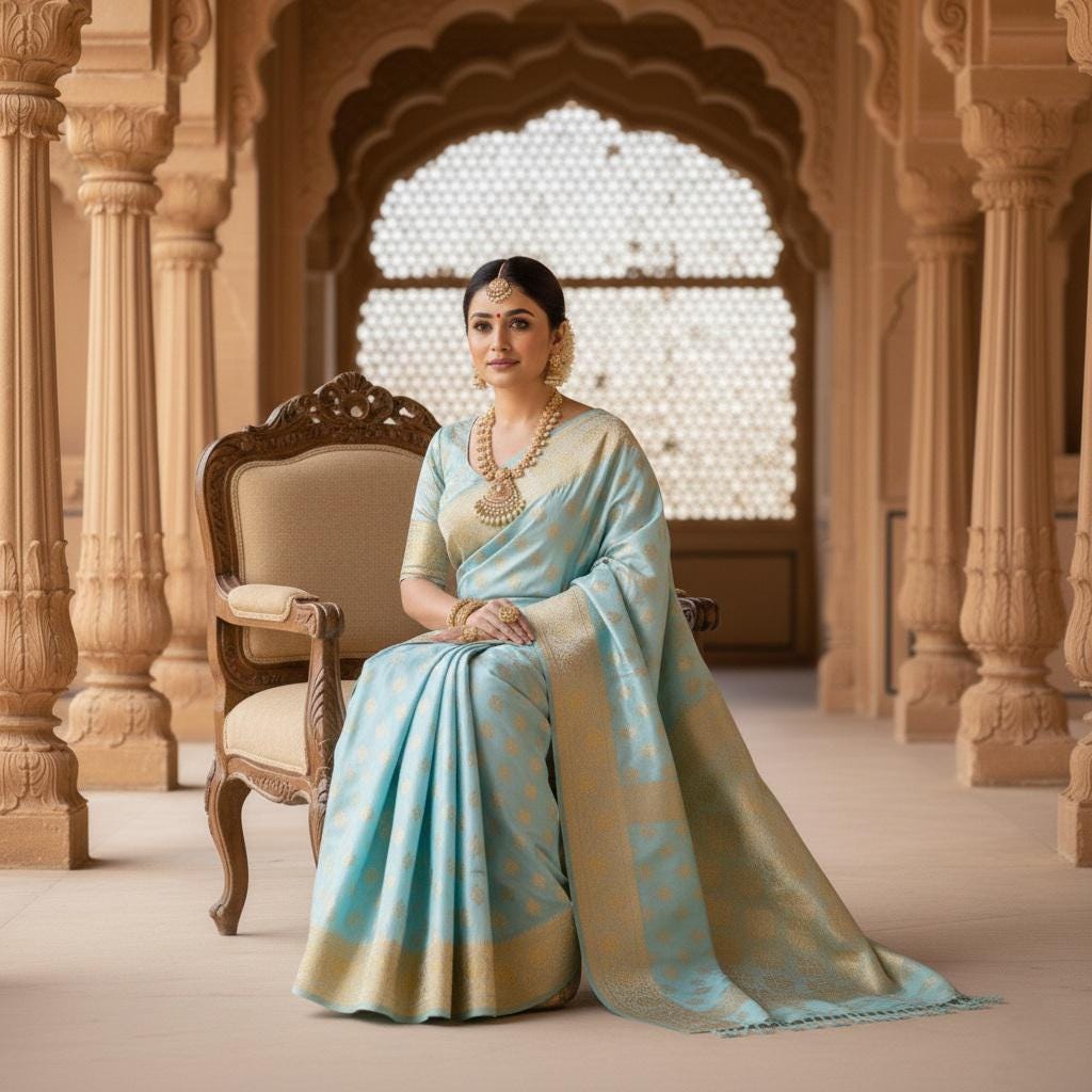 Rich Powder Blue Banarasi Silk Saree with Gold Zari Weaving