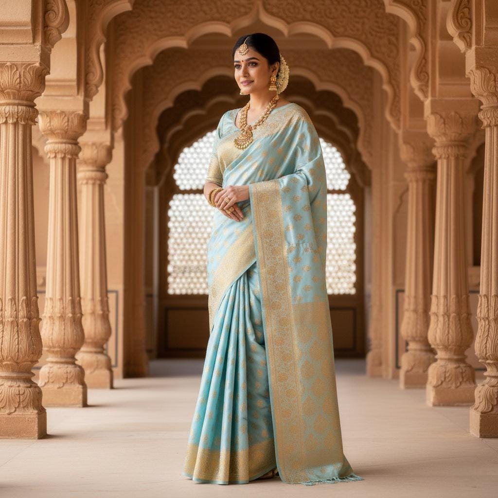 Rich Powder Blue Banarasi Silk Saree with Gold Zari Weaving