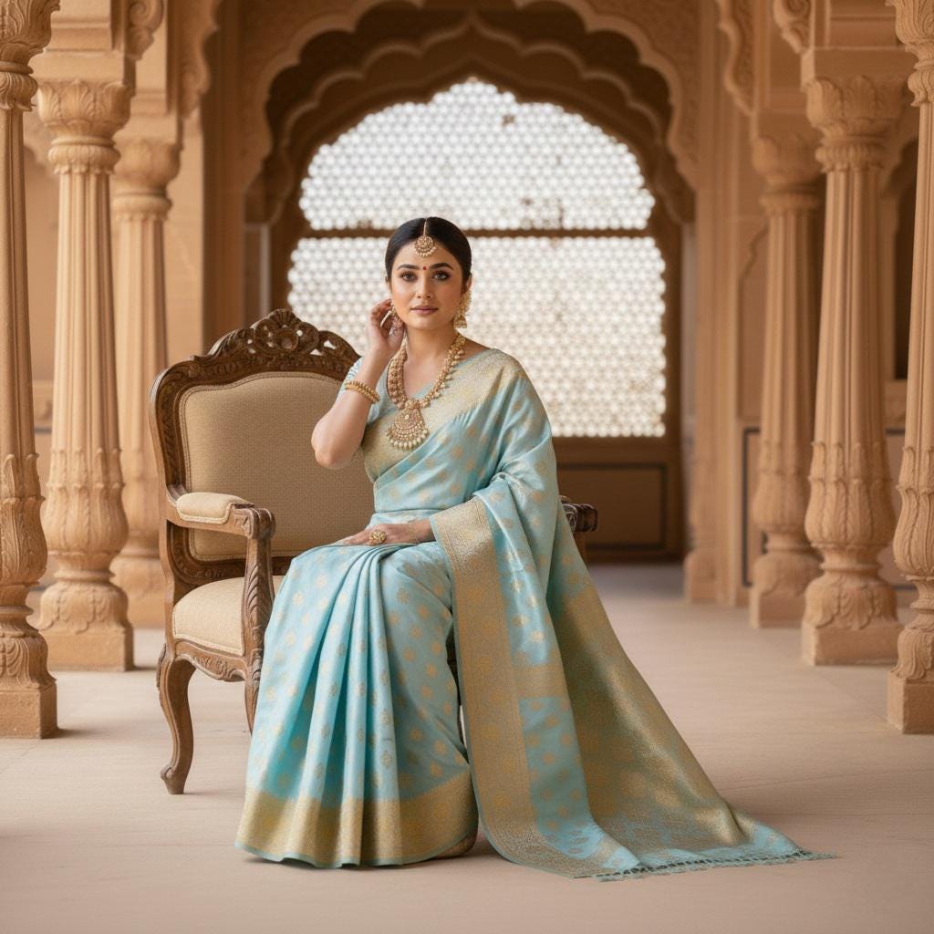 Rich Powder Blue Banarasi Silk Saree with Gold Zari Weaving