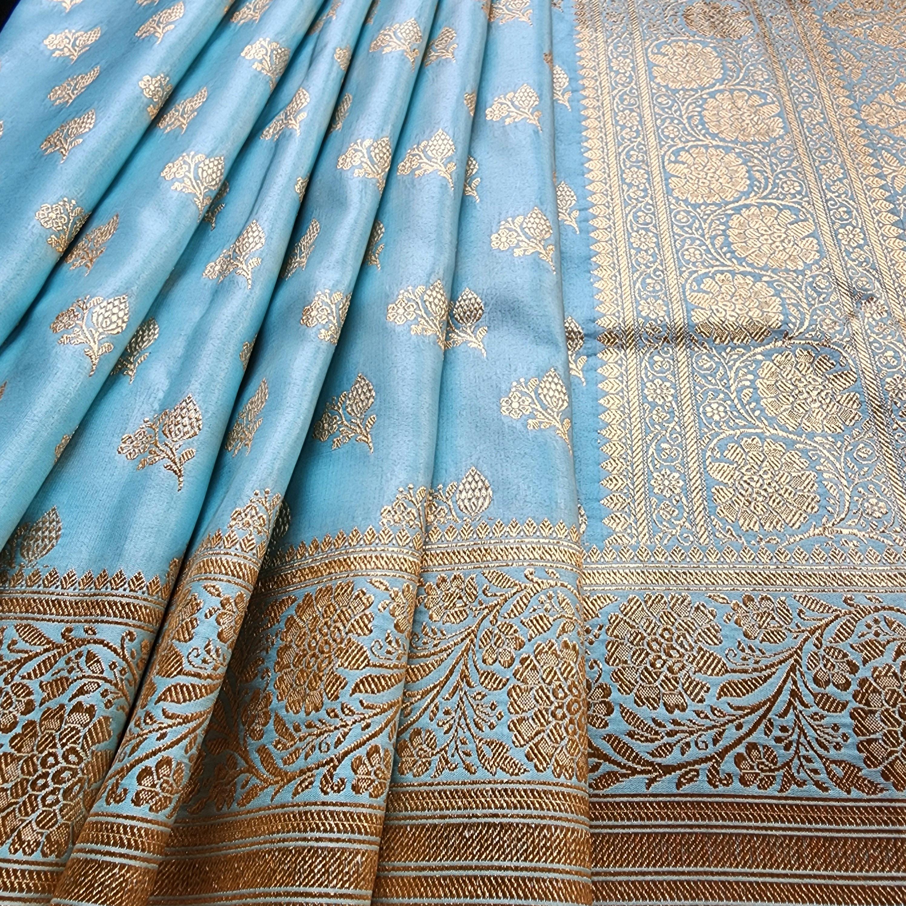 Rich Powder Blue Banarasi Silk Saree with Gold Zari Weaving