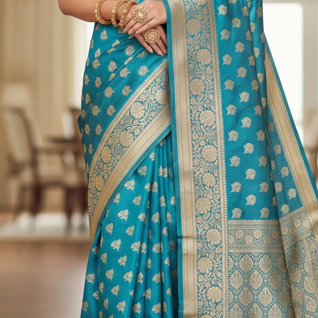 Rich Peacock Blue Banarasi Silk Saree with Gold Zari Weaving
