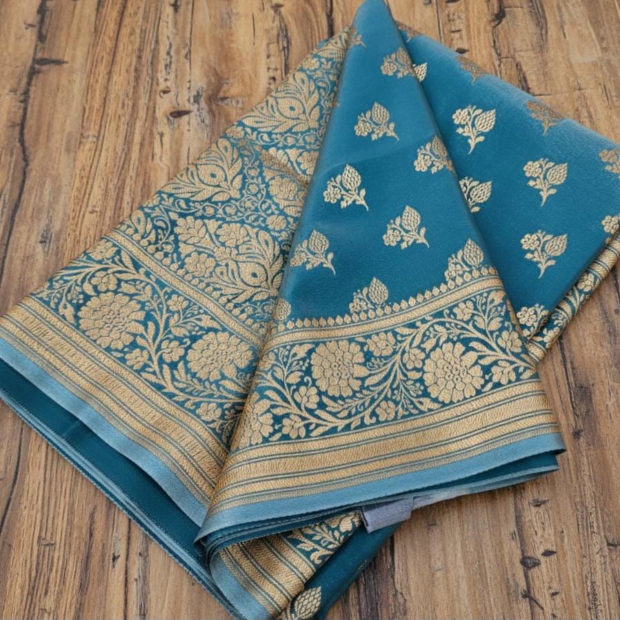 Rich Peacock Blue Banarasi Silk Saree with Gold Zari Weaving