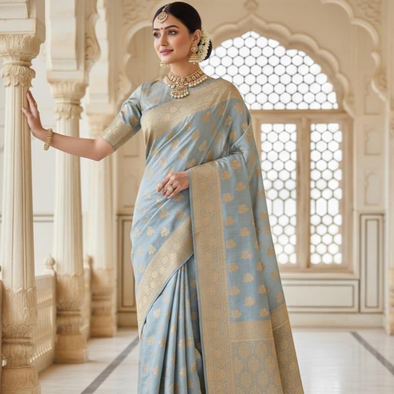 Rich Silver Grey Banarasi Silk Saree with Gold Zari Weaving