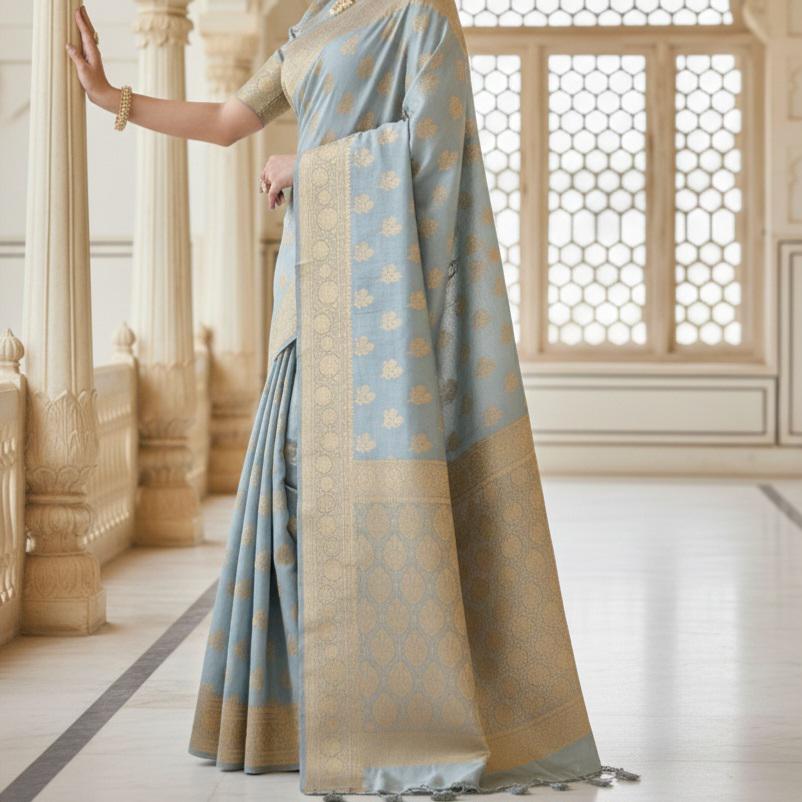 Rich Silver Grey Banarasi Silk Saree with Gold Zari Weaving